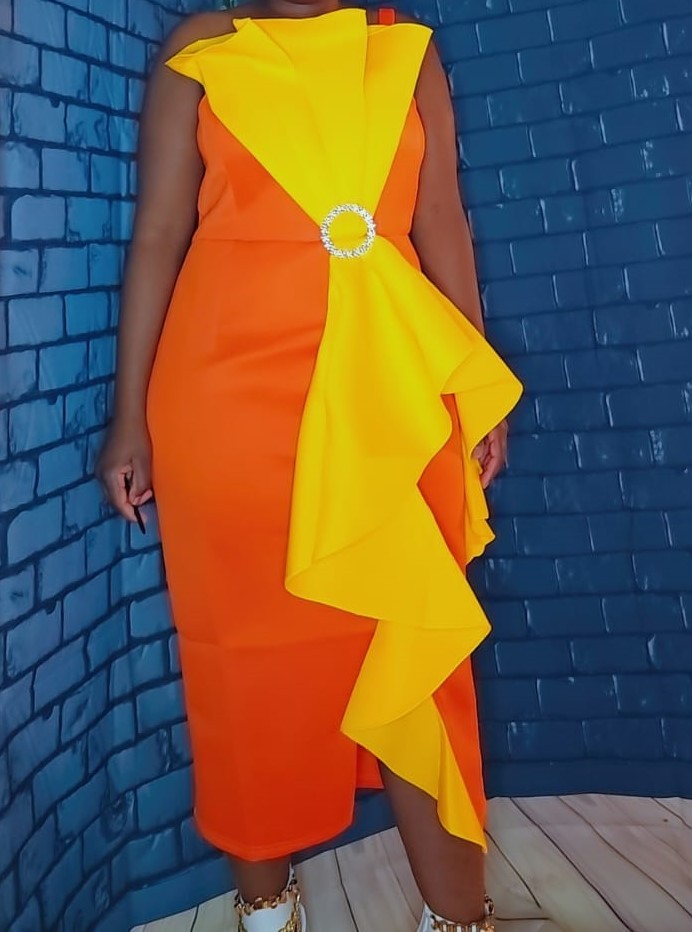 Orange and Yellow Ruffle Dress with Buckle