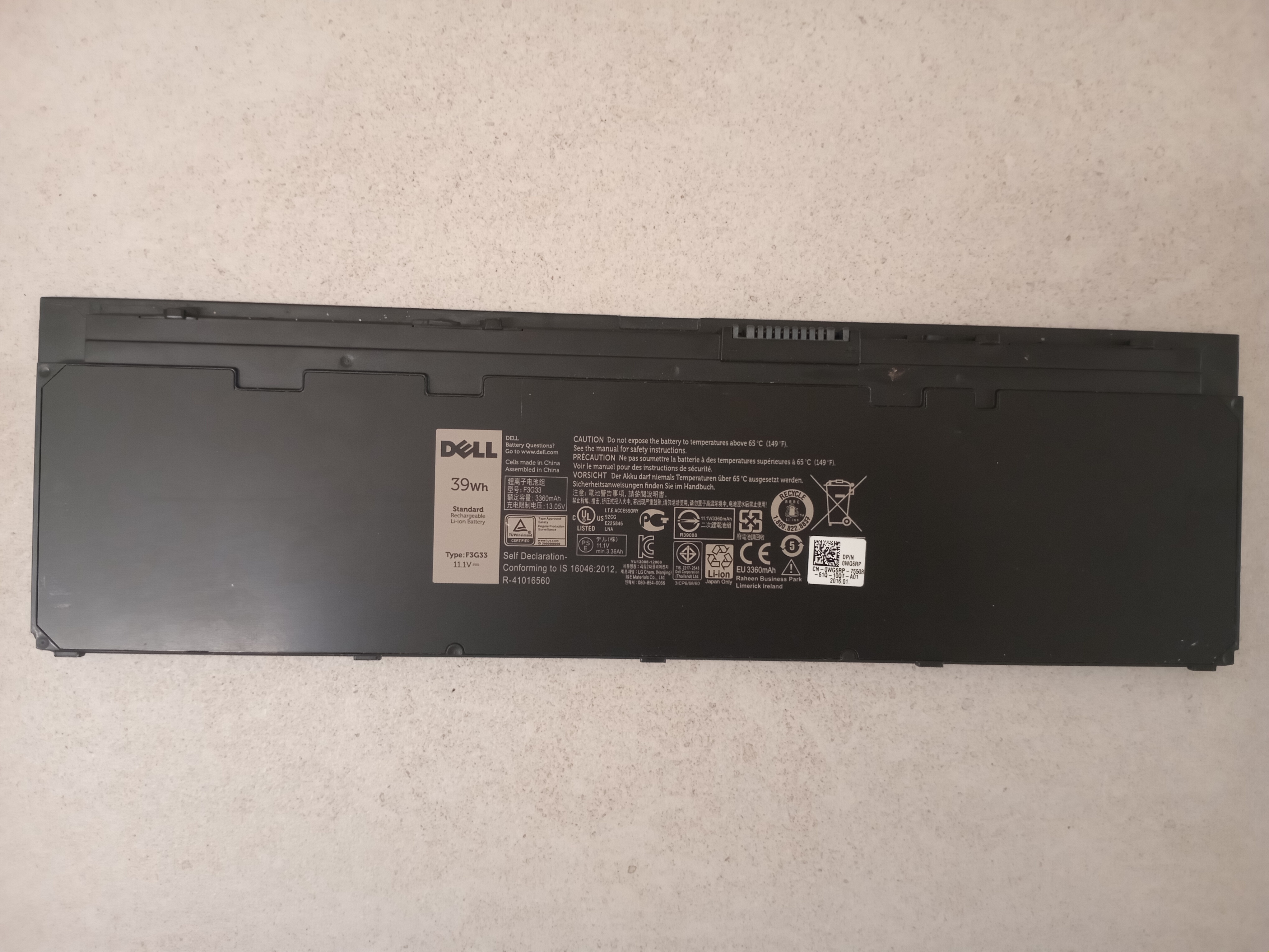 Dell laptop battery (Model: F3G33, 39Wh, 11.1V)