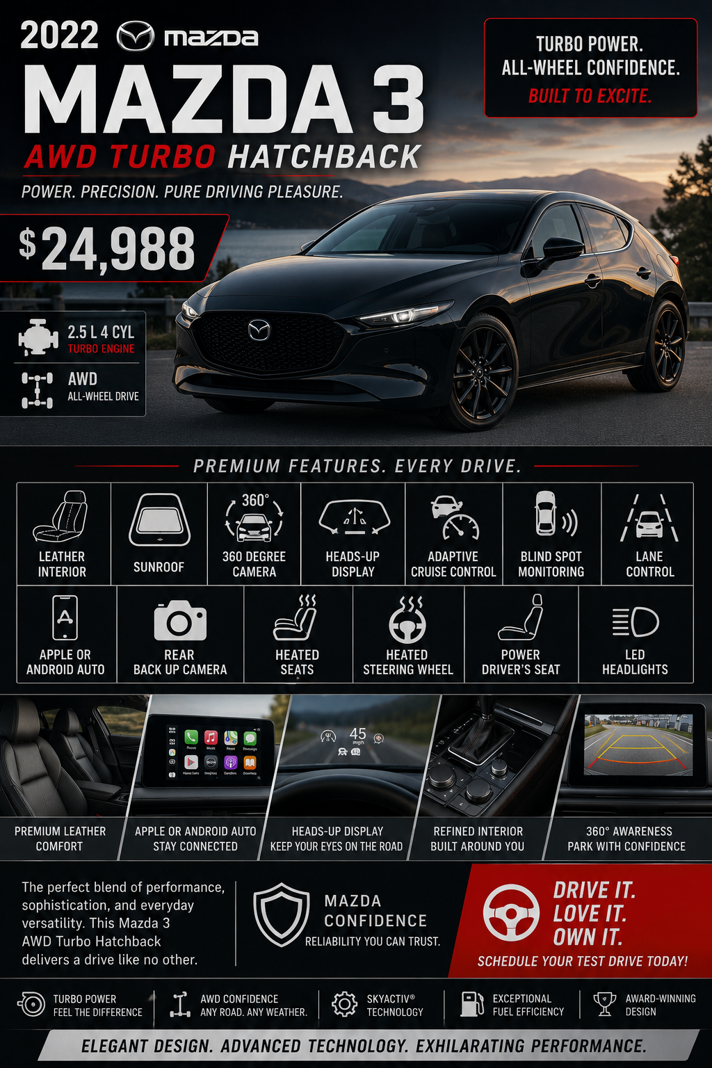 2022 Black Mazda 3 AWD Turbo Hatchback