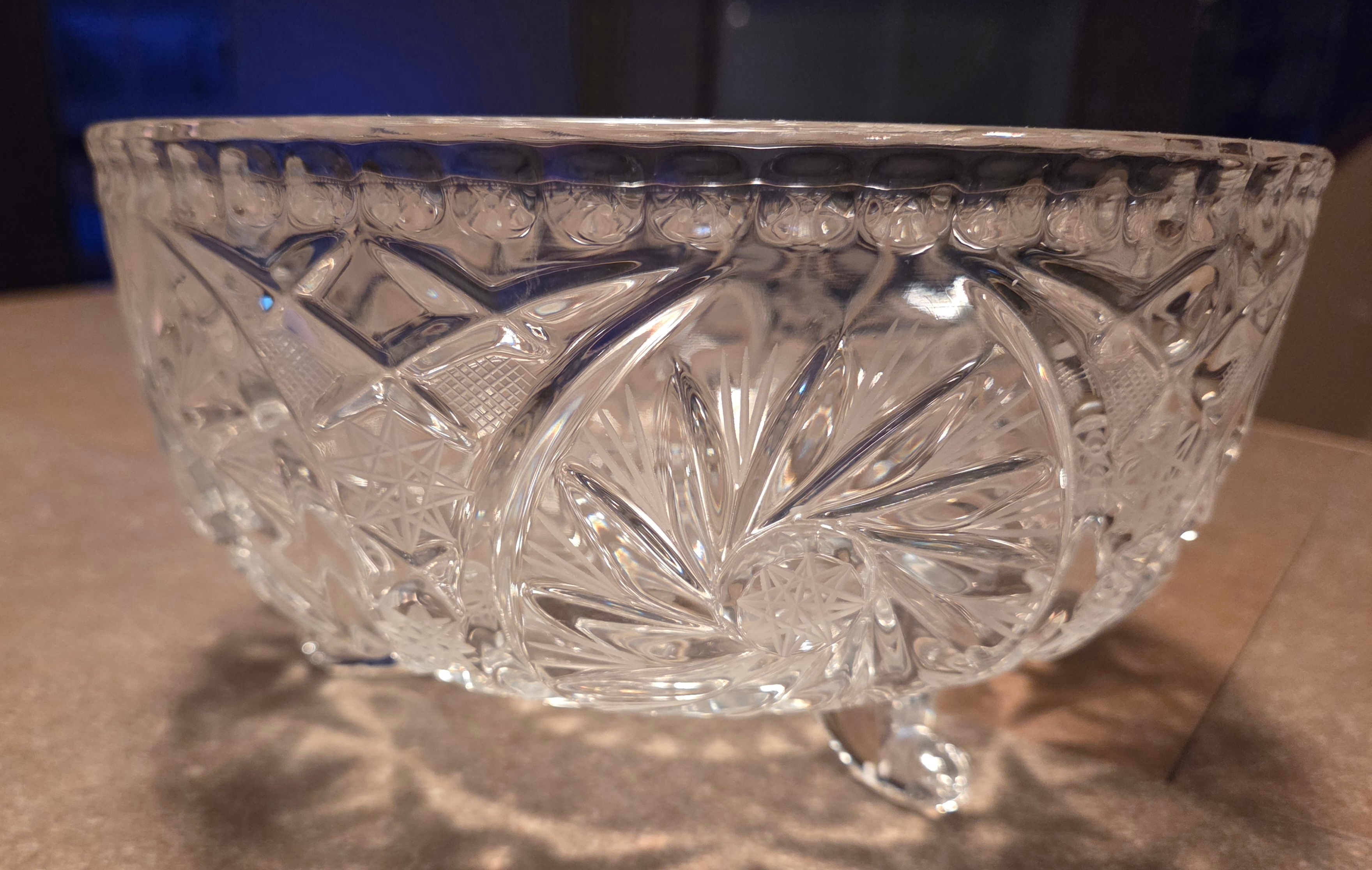 Vintage Bohemian tri-footed crystal bowl