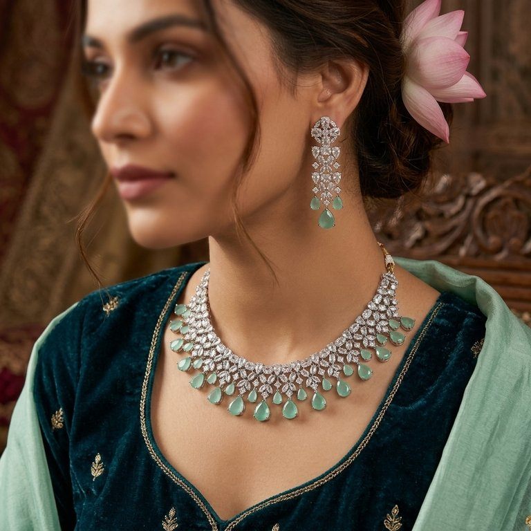 Diamond and Mint Green Gemstone Necklace and Earring Set