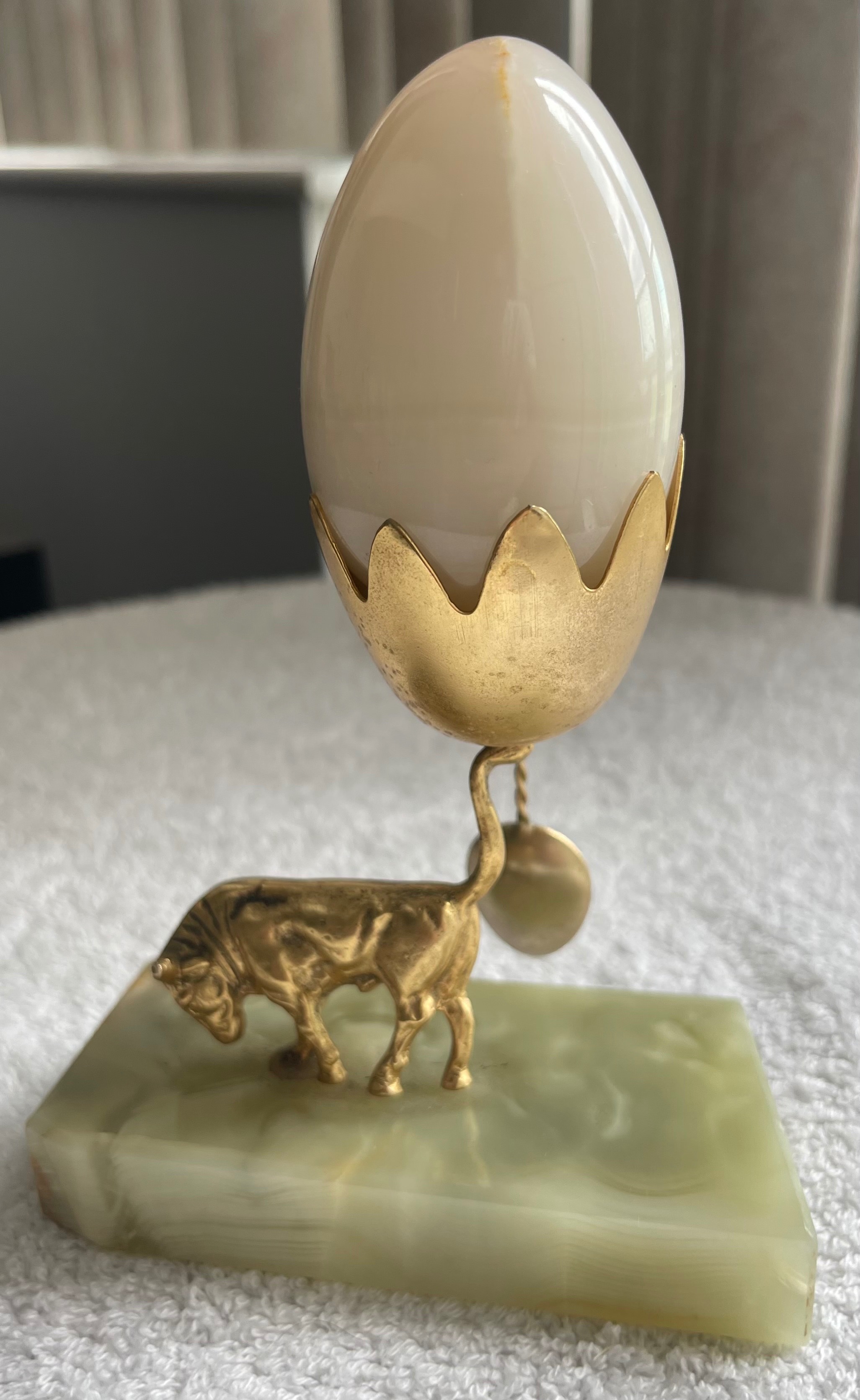 Vintage Brass Ox & Heavy Solid Onyx Egg Cup with Spoon - photo 2