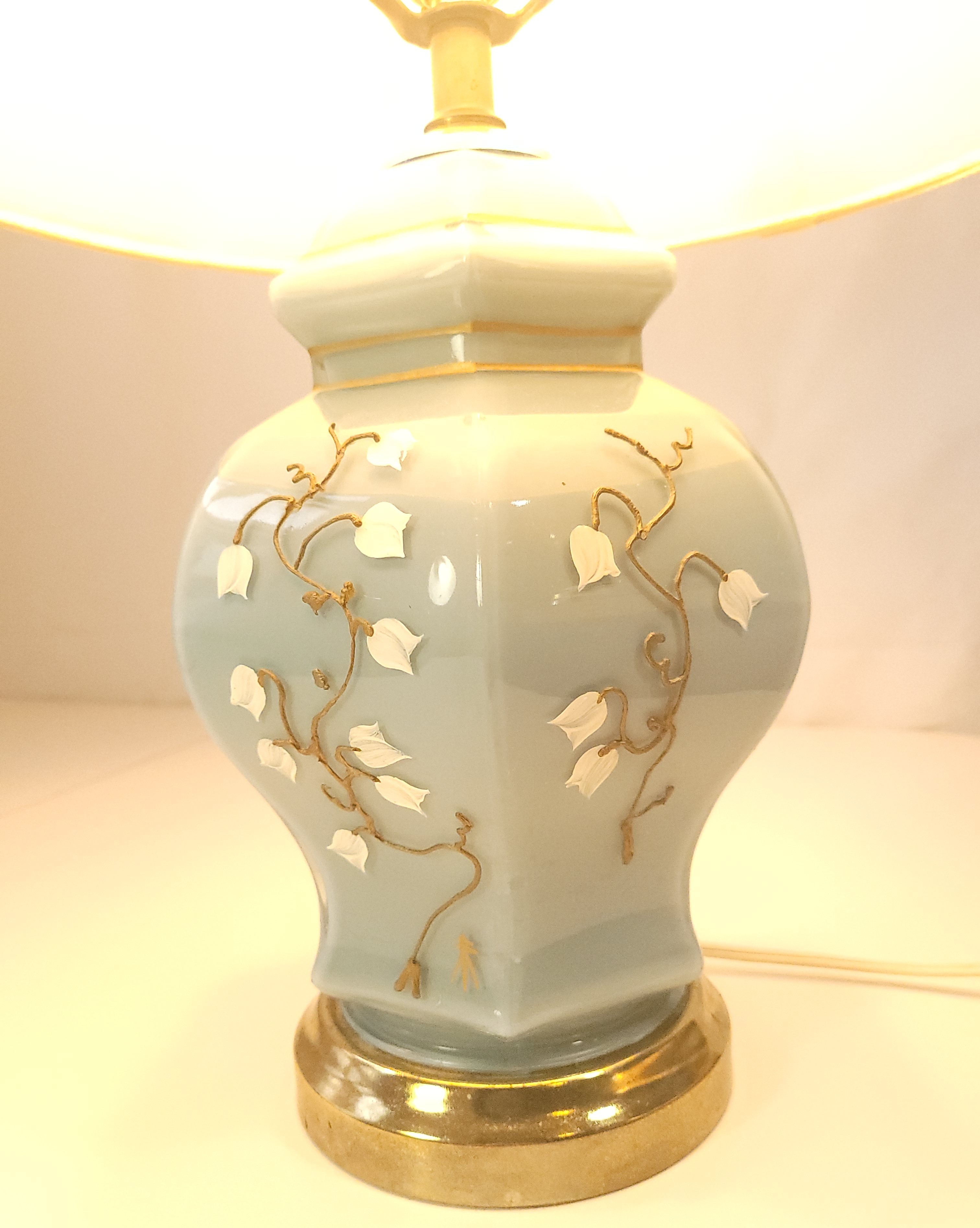 Circa 1968 Ceramic Table Lamp Blue White Floral Embossed - photo 3