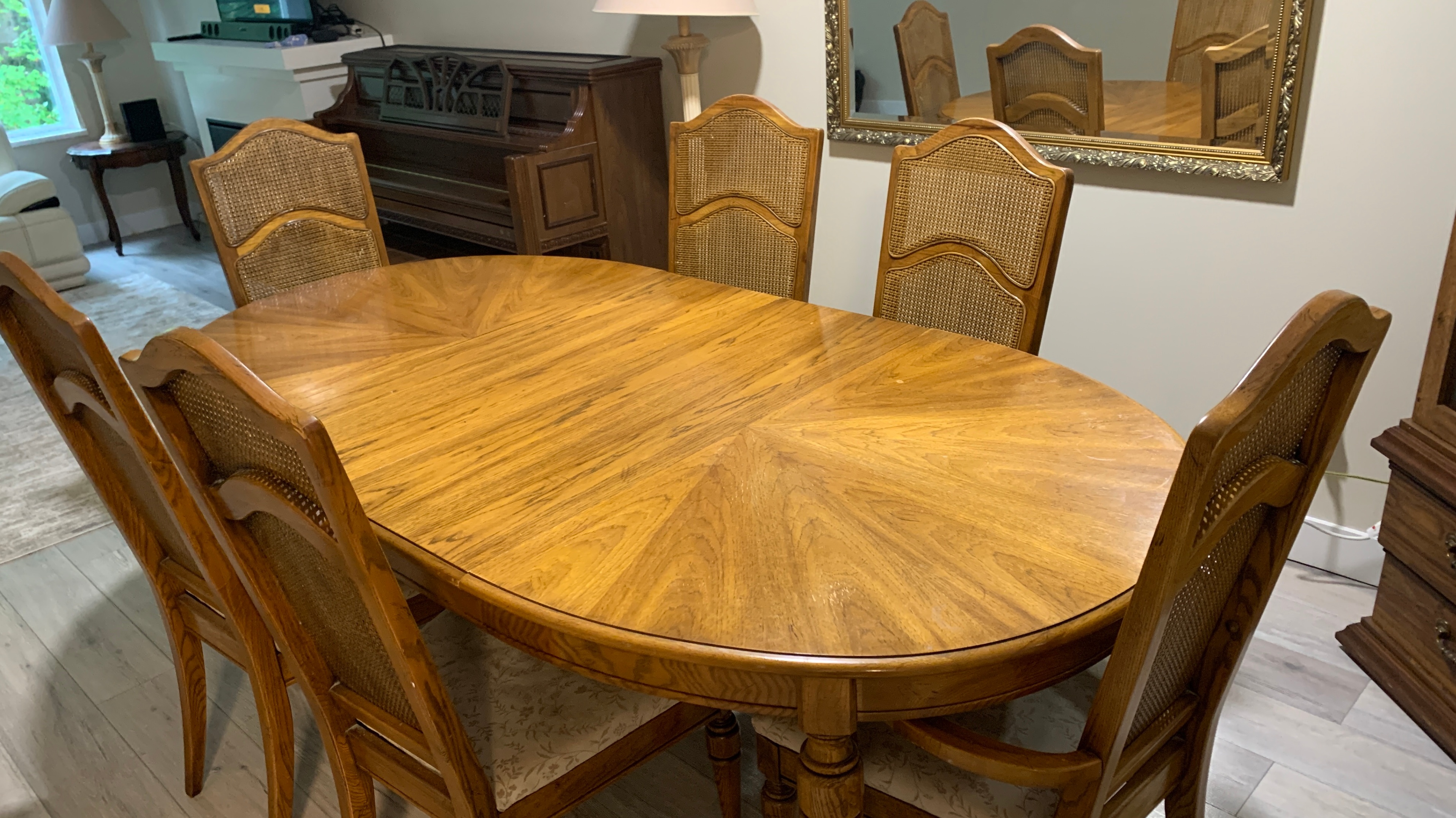 Vintage Sunburst Solid Wood Dining Table & 6 Cane-Back Chairs