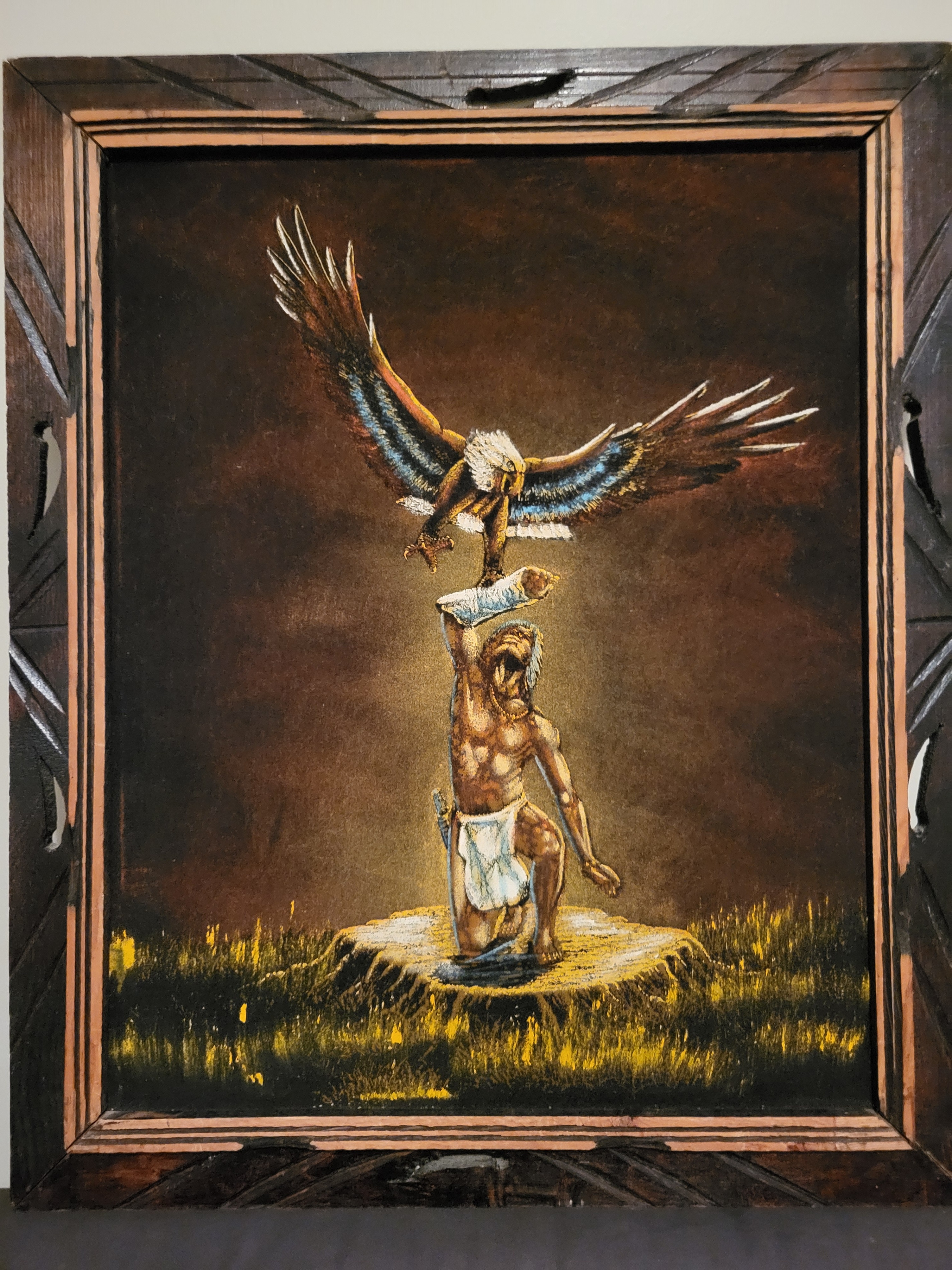 1970s Vintage Blak and Brown Falconer Velvet Painting