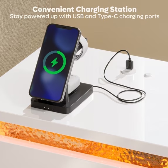 White Nightstand with LED Light and Charging Station - photo 3