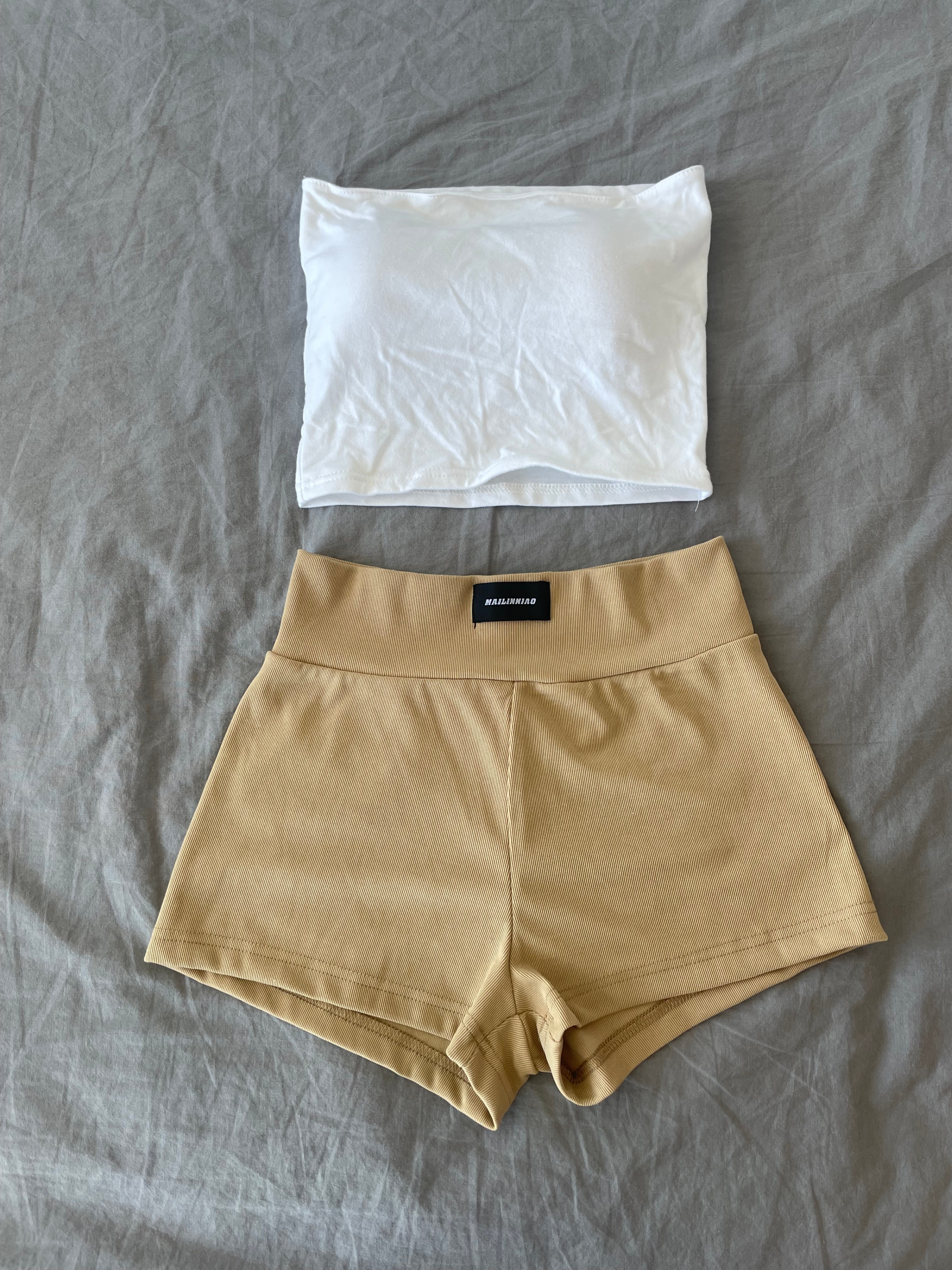 White Bandeau Top & Mailinniao Tan Shorts Set