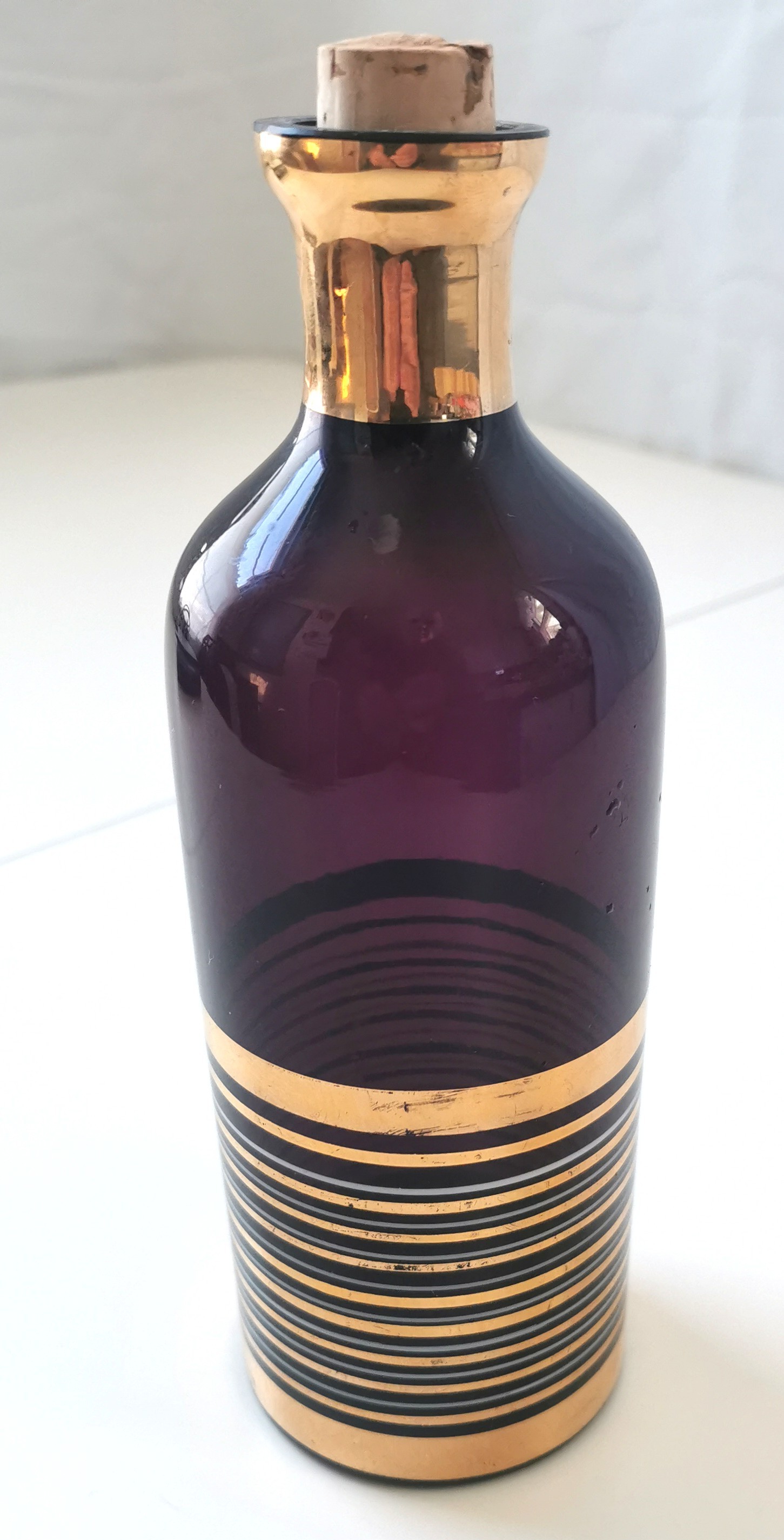 1960s Czechoslovakian Amethyst Glass Decanter Gold White Stripes - photo 4
