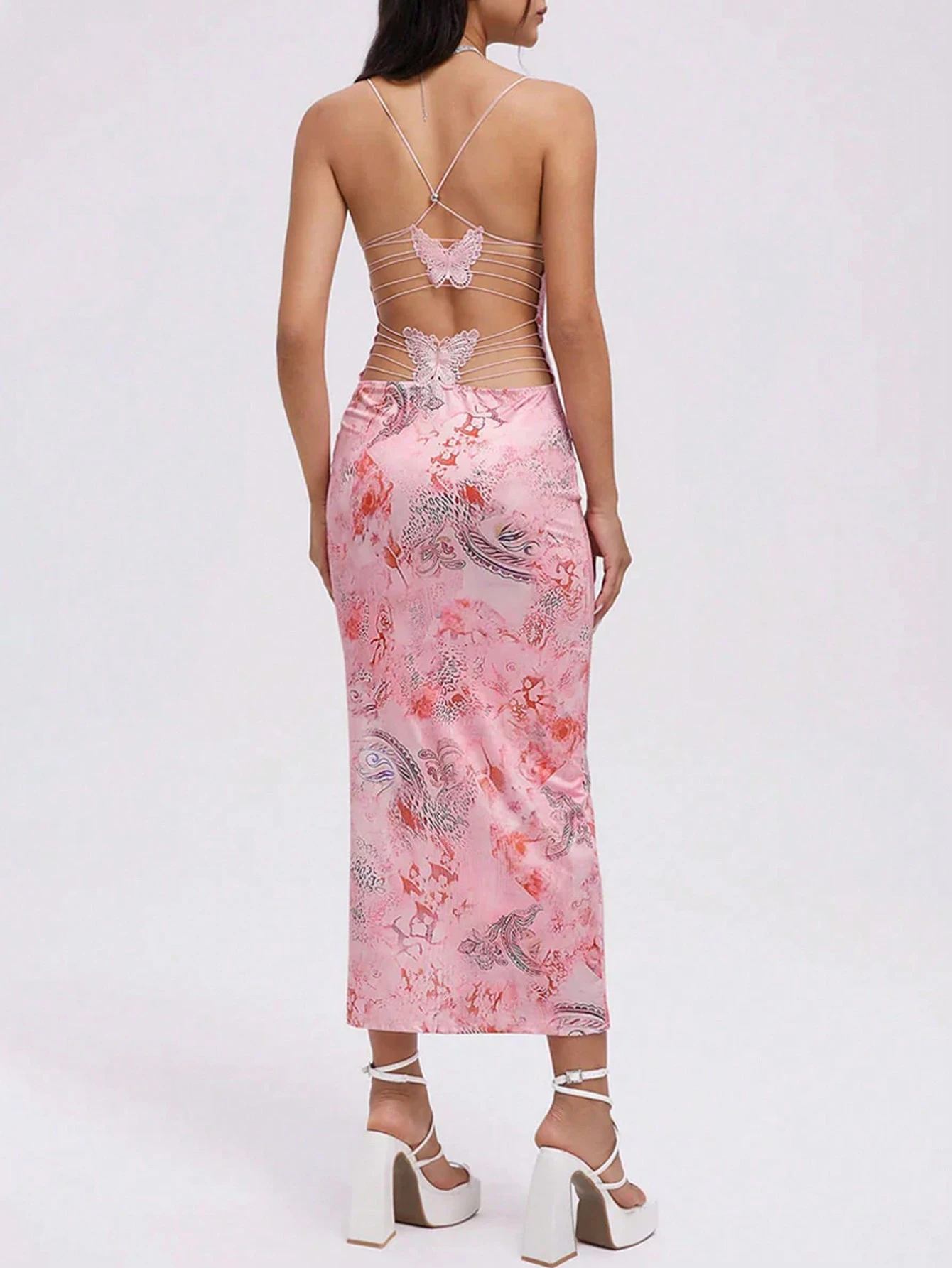 Pink Dragon Print Satin Slip Maxi Dress Summer Y2K Bodycon - photo 4