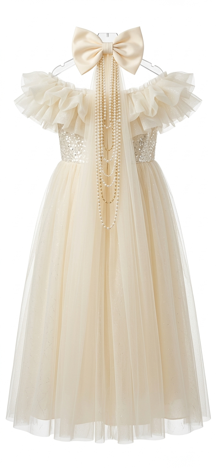 Girls' Cream Tulle Dress with Sequins and Bow:23212