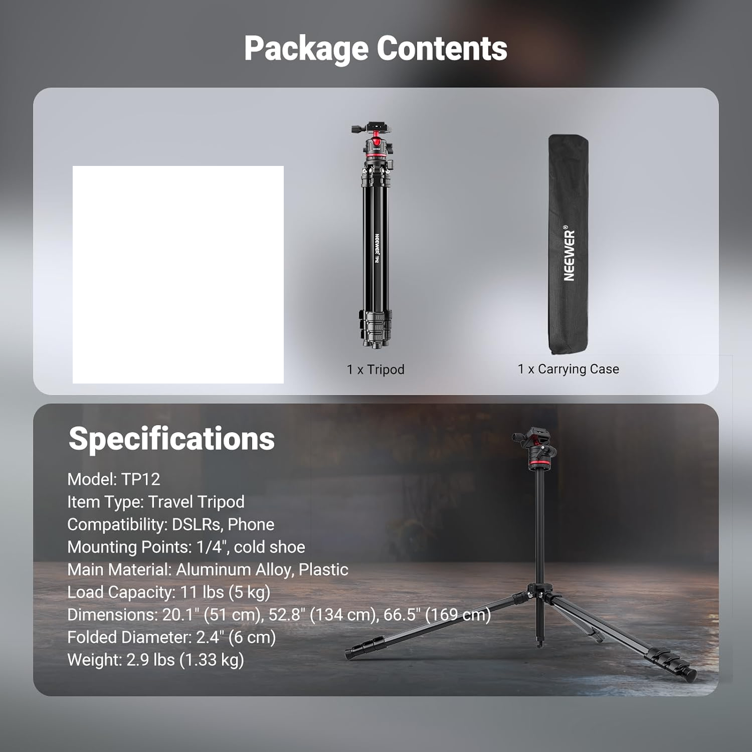 NEEWER Basics 66.5"/169 cm Travel Tripod for Camera - photo 2
