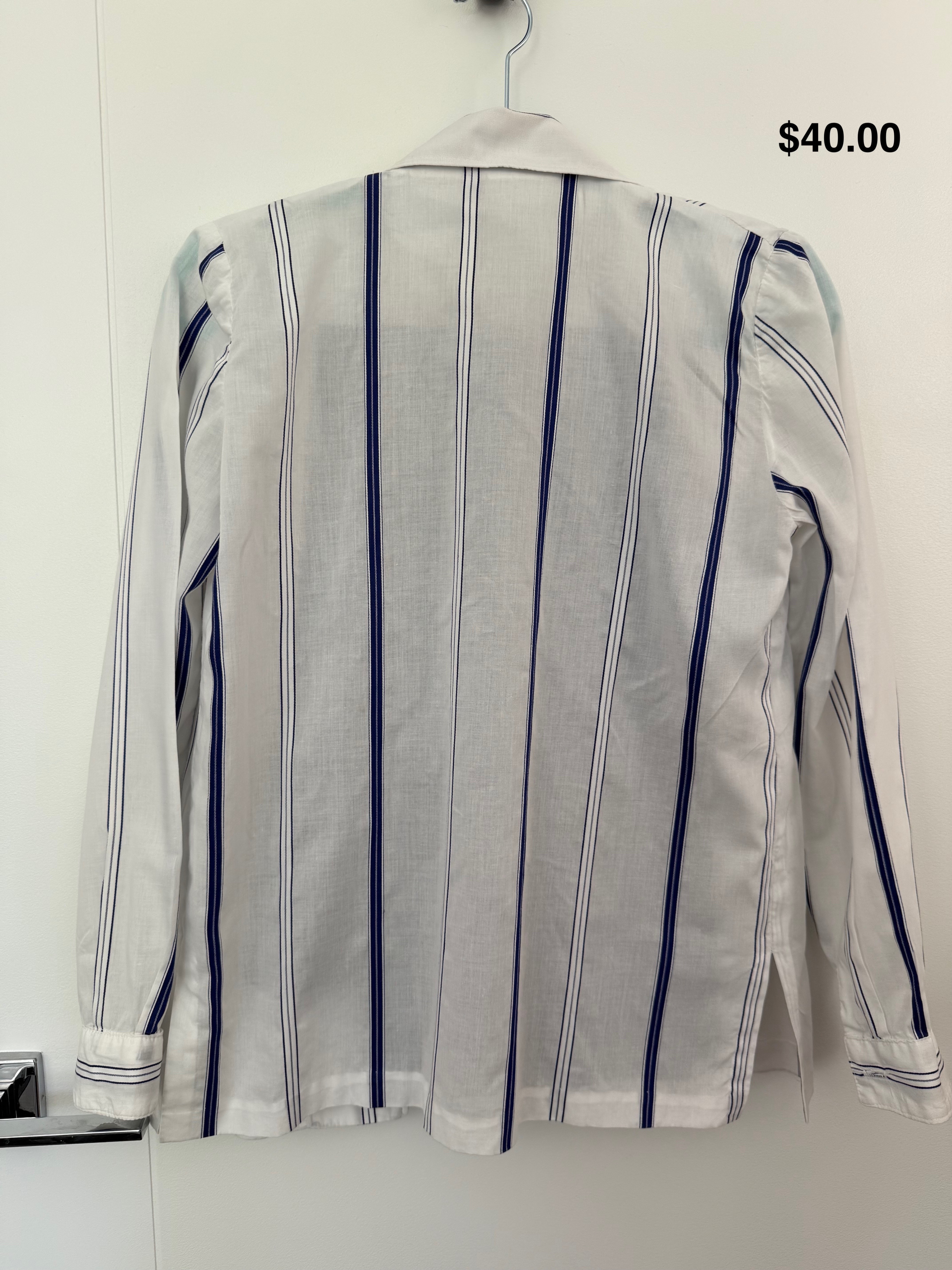 White Striped Button-Up Shirt and Navy Pants - photo 2