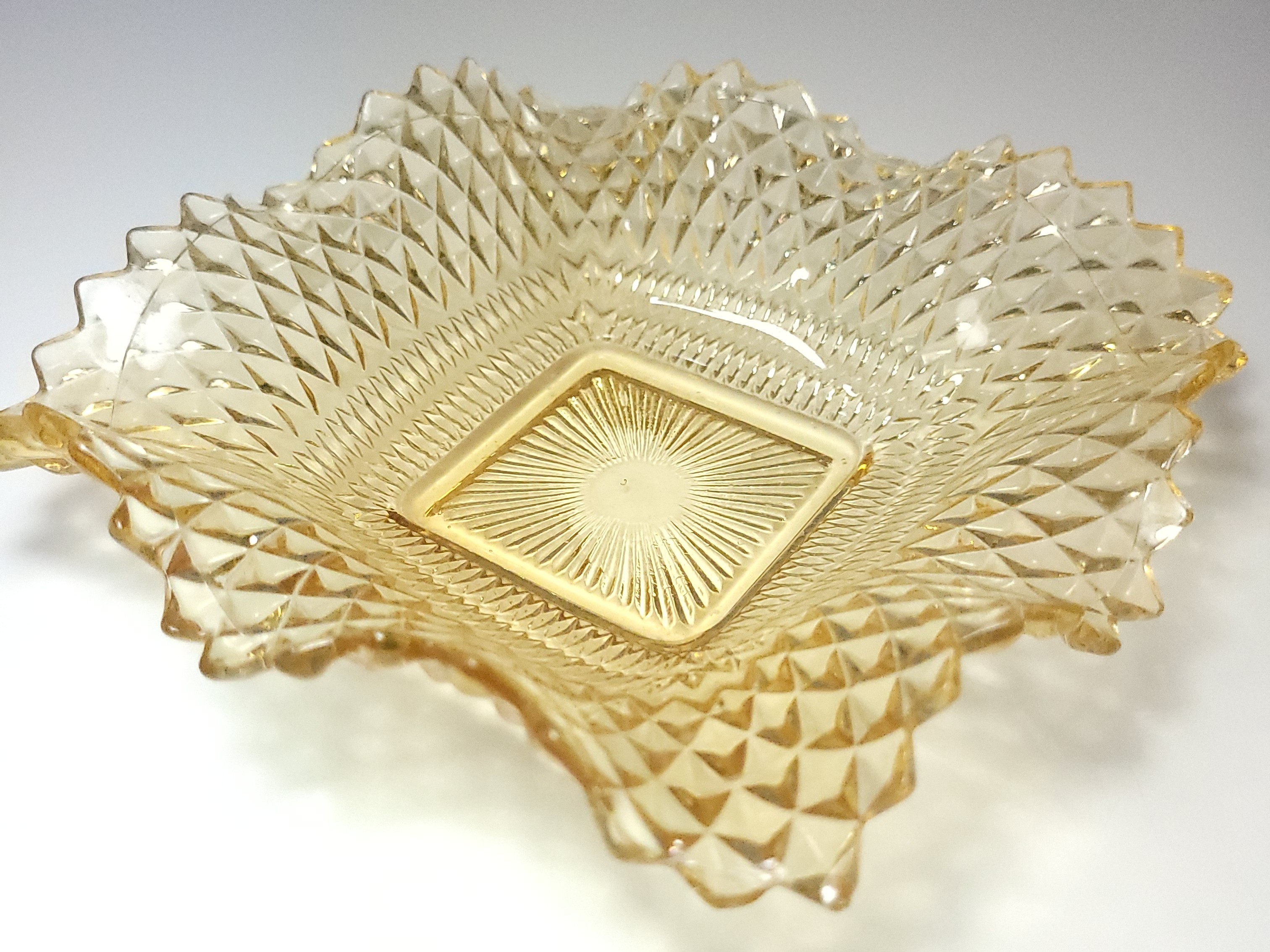 Indiana Glass Amber Diamond Point Square Ruffled Bowl Circa 1965