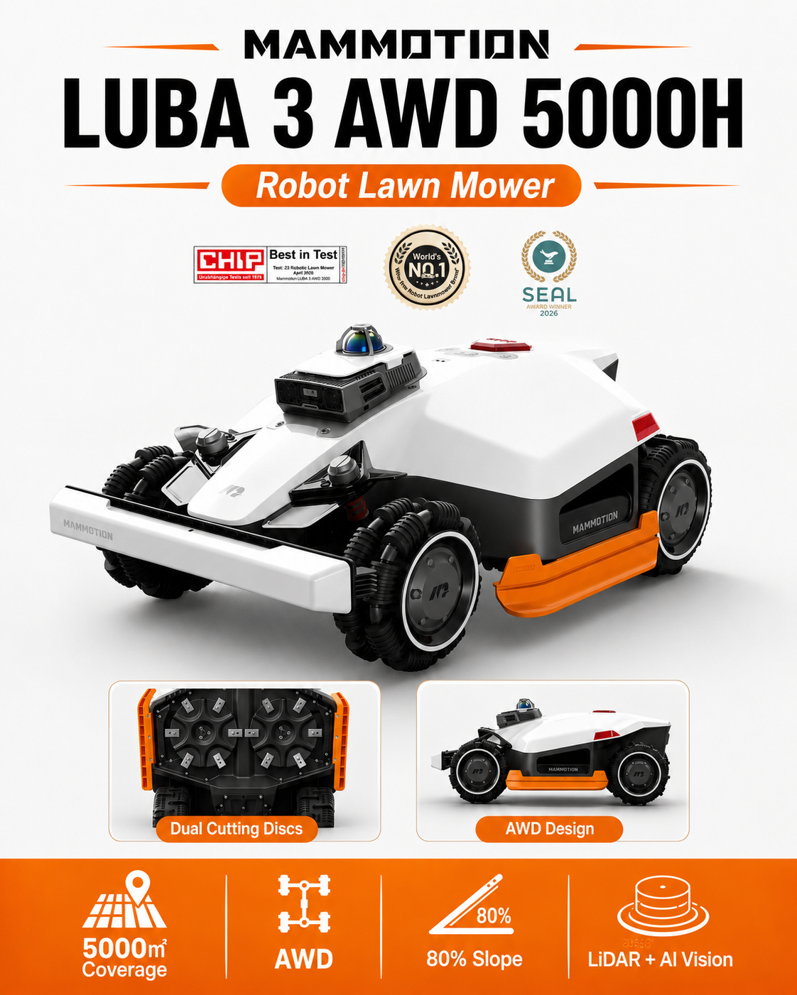 MAMMOTION LUBA 3 AWD 5000H Robot Lawn Mower – 1.25 Acre, New
