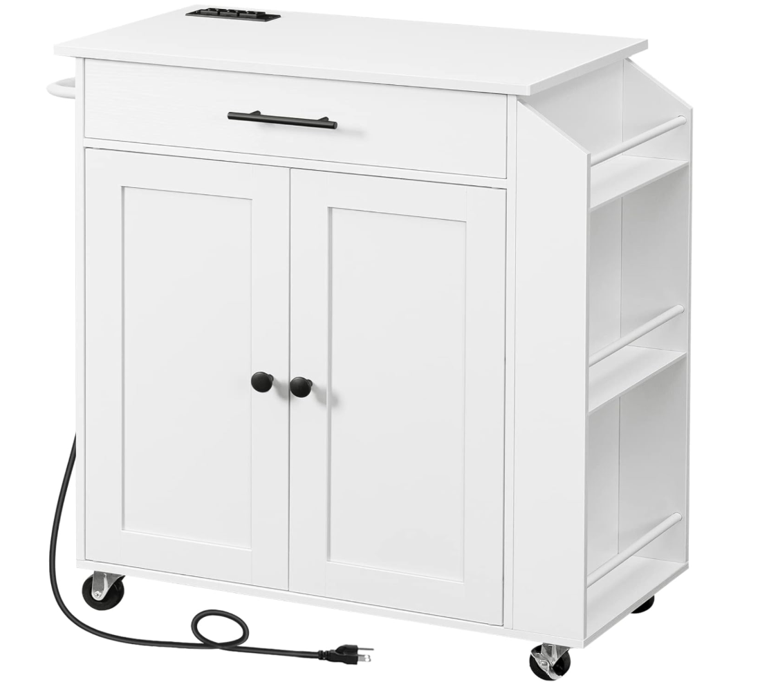 White Kitchen Storage Cabinet / Coffee Bar Cart with plug