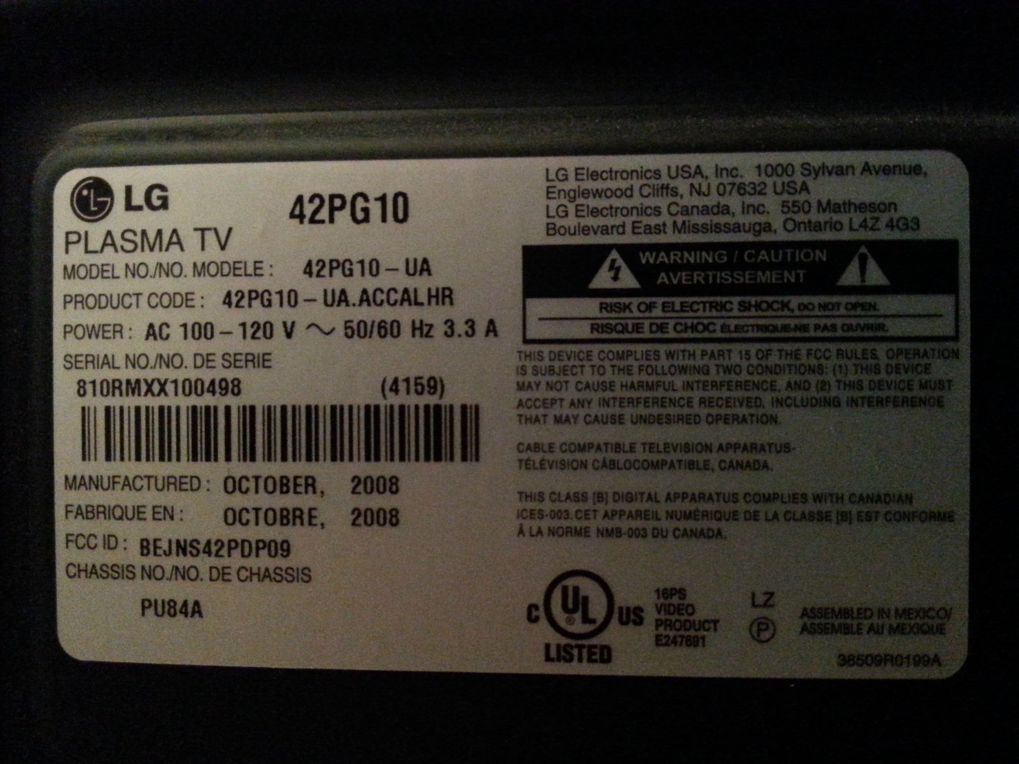 42"W LG PLASMA TV WITH REMOTE - photo 2