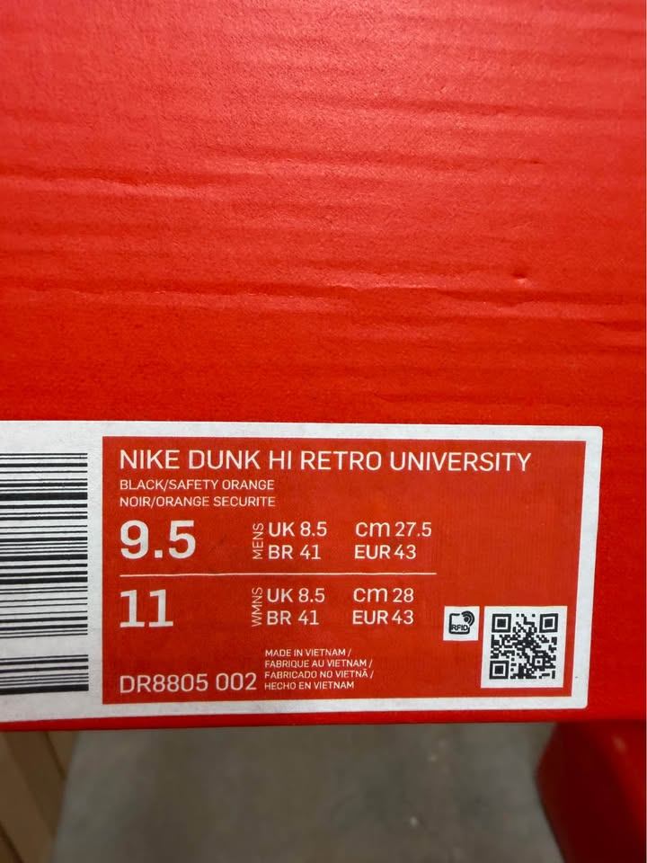 New Size 9.5 US Nike Dunk Hi Retro University Orange Black - photo 2