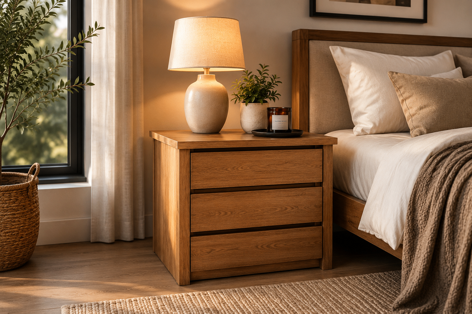 Modern Oak Nightstand with 3 Storage Drawers – Bedside Table