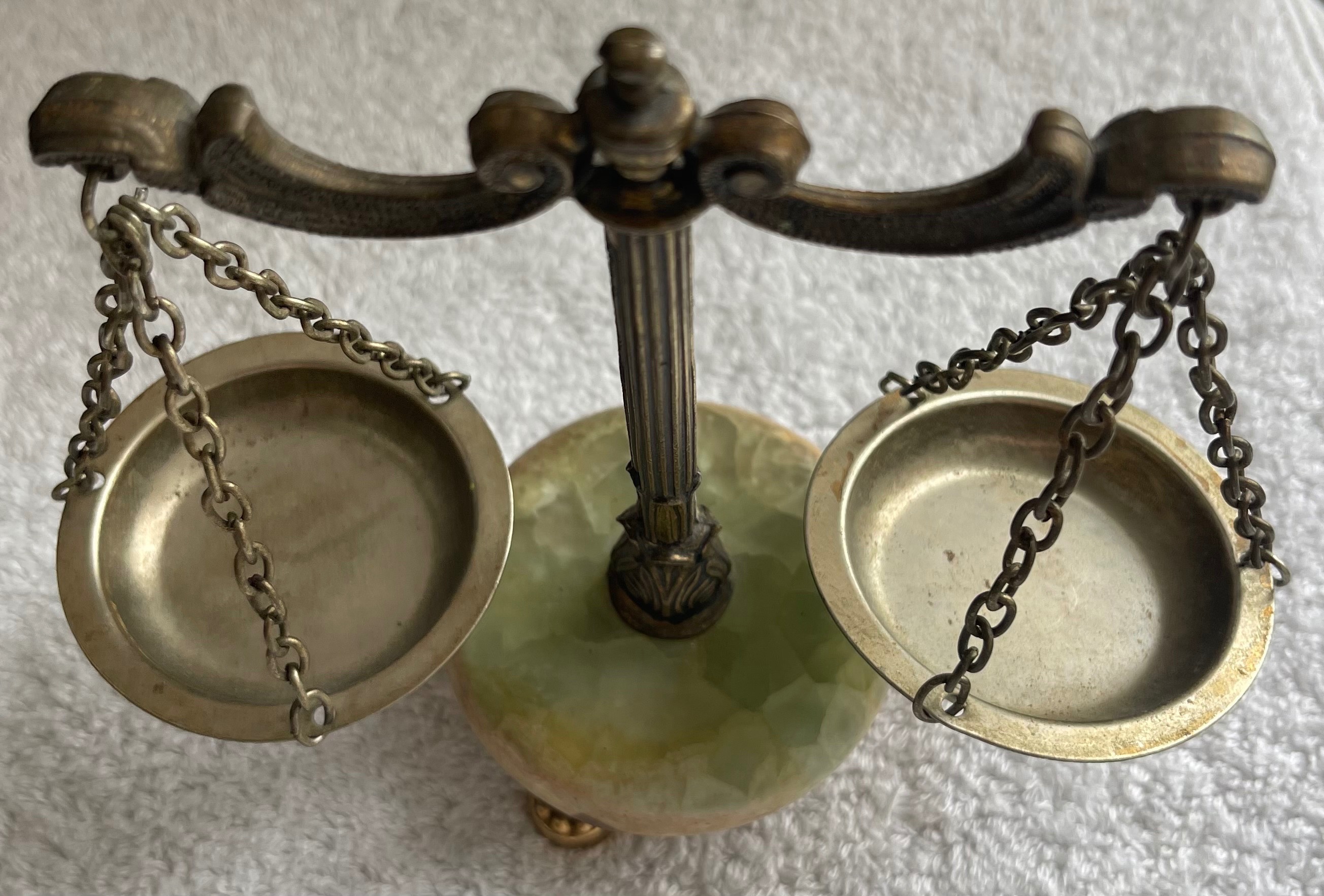Vintage Miniature Brass & Round Green Onyx Scales of Justice - photo 2