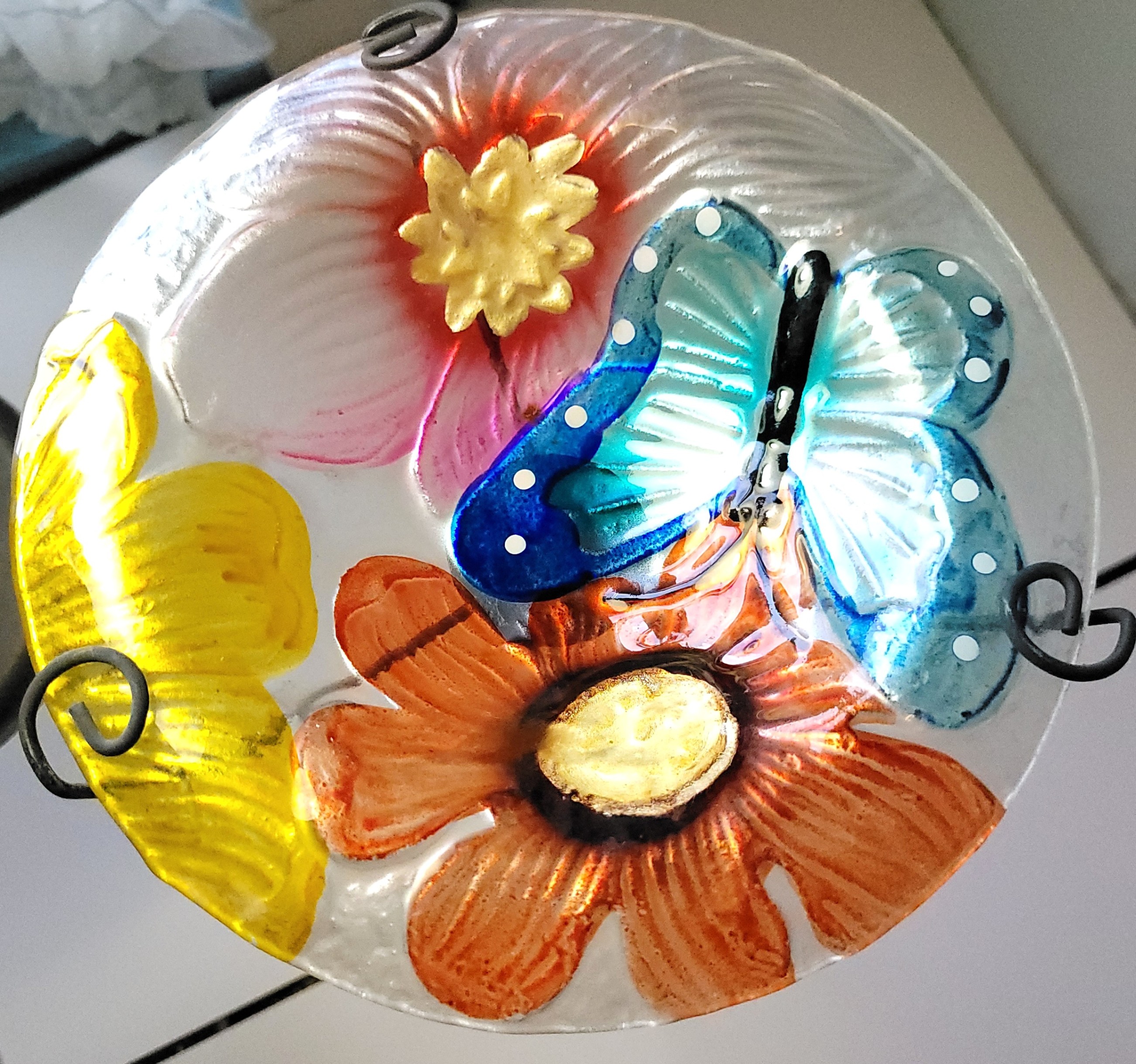 Hand Painted Glass Butterfly Garden Stake Bird Bath Feeder 28"