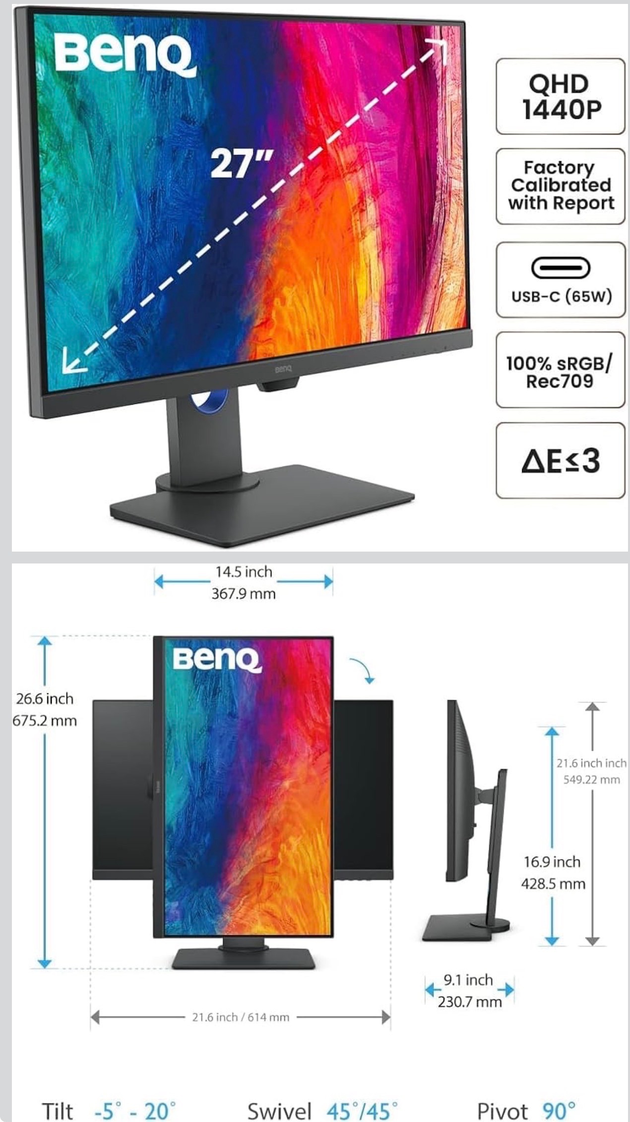 BenQ 27” 2K QHD Monitor Commercial/Graphics Design Video Editing