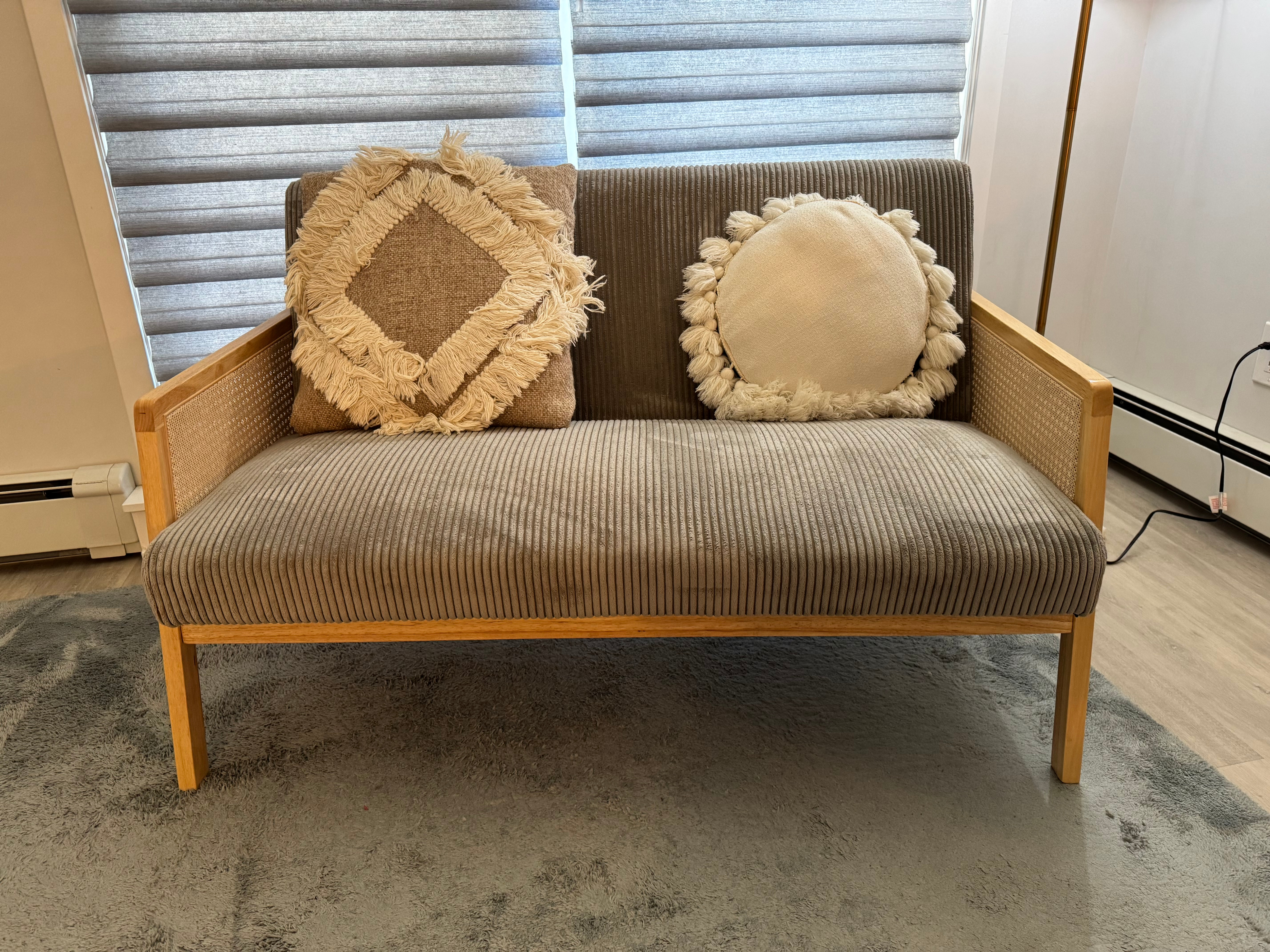 Structube BECKETT Silver Loveseat w/ corduroy and rattan accents
