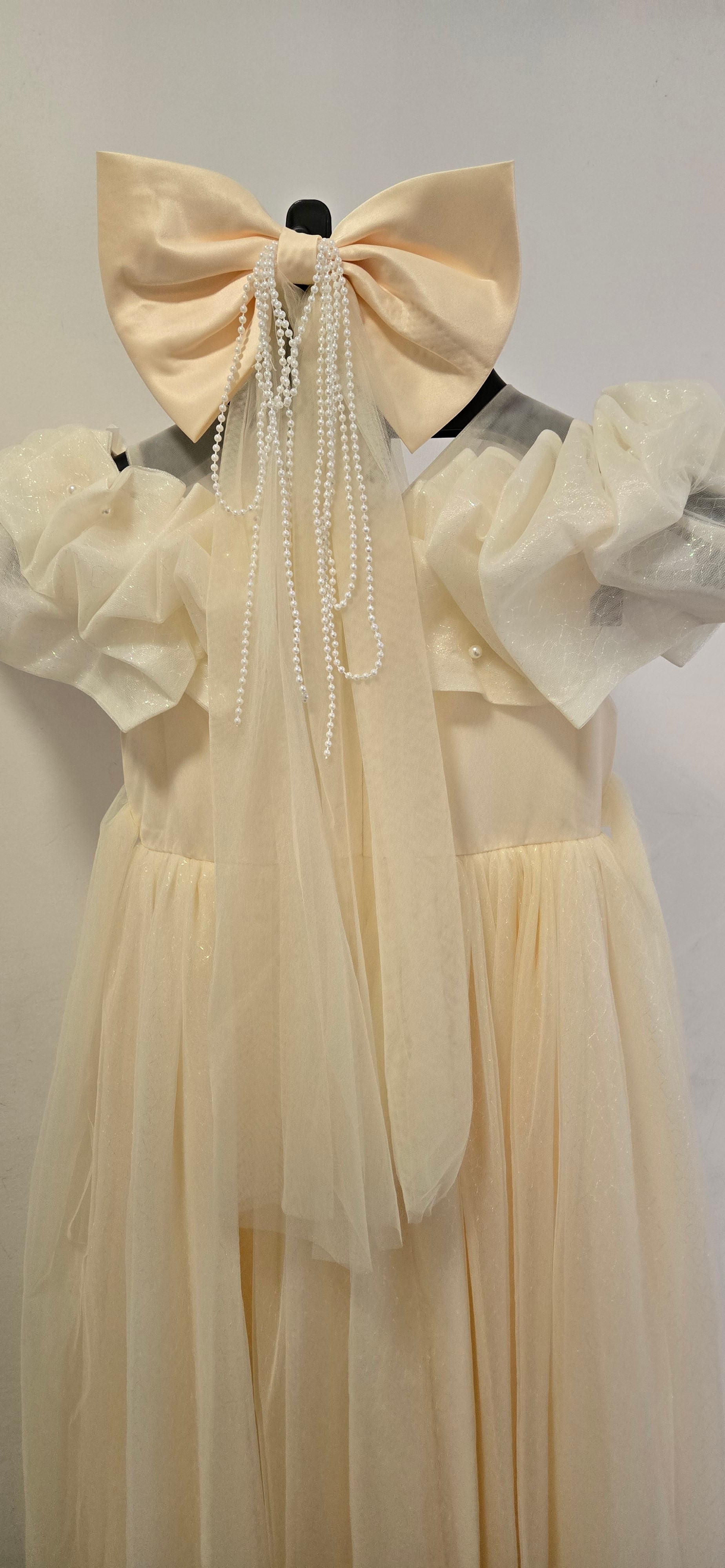 Girls Ivory Tulle Dress with Pearl Beading and Bow: 23212 - photo 4