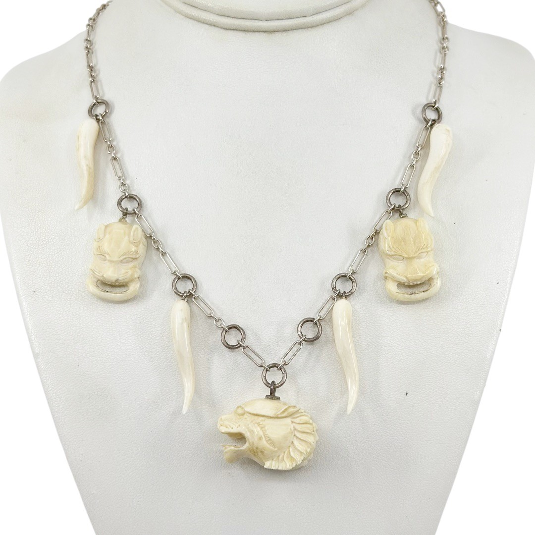 Vintage sterling silver hand carved bone charm pendant necklace - photo 5