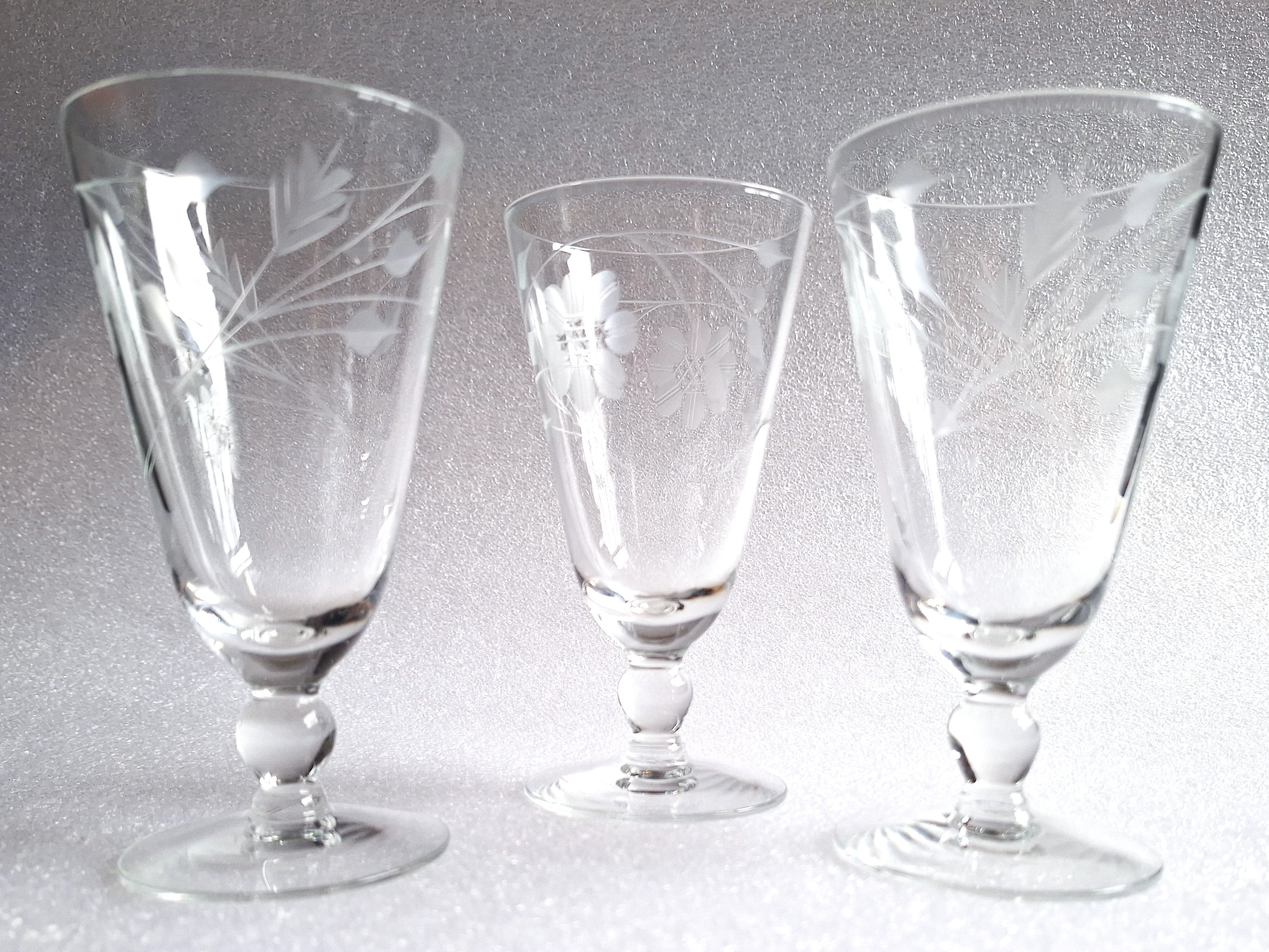 Set of 3 Etched Glass Stemware
