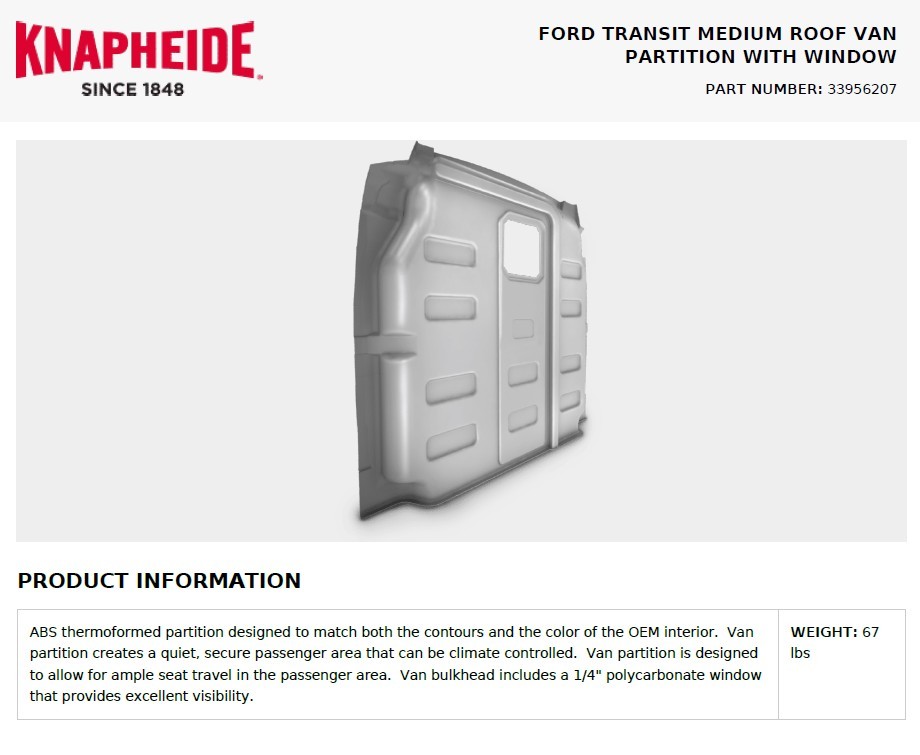 Knapheide Partition w Window for Ford Transit Medium Roof - photo 2