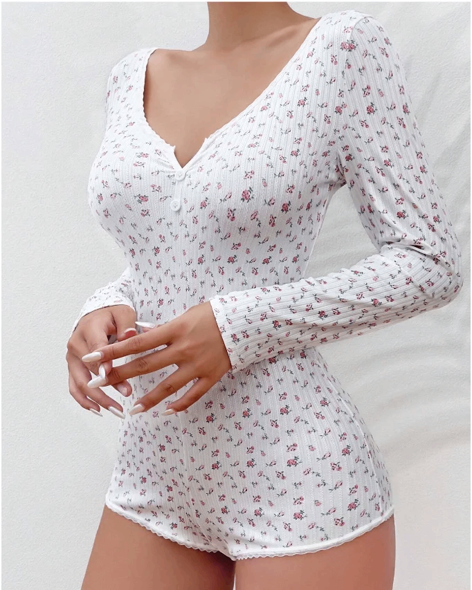 Buttoned Half-Placket Floral Romper Pajamas Long Sleeve