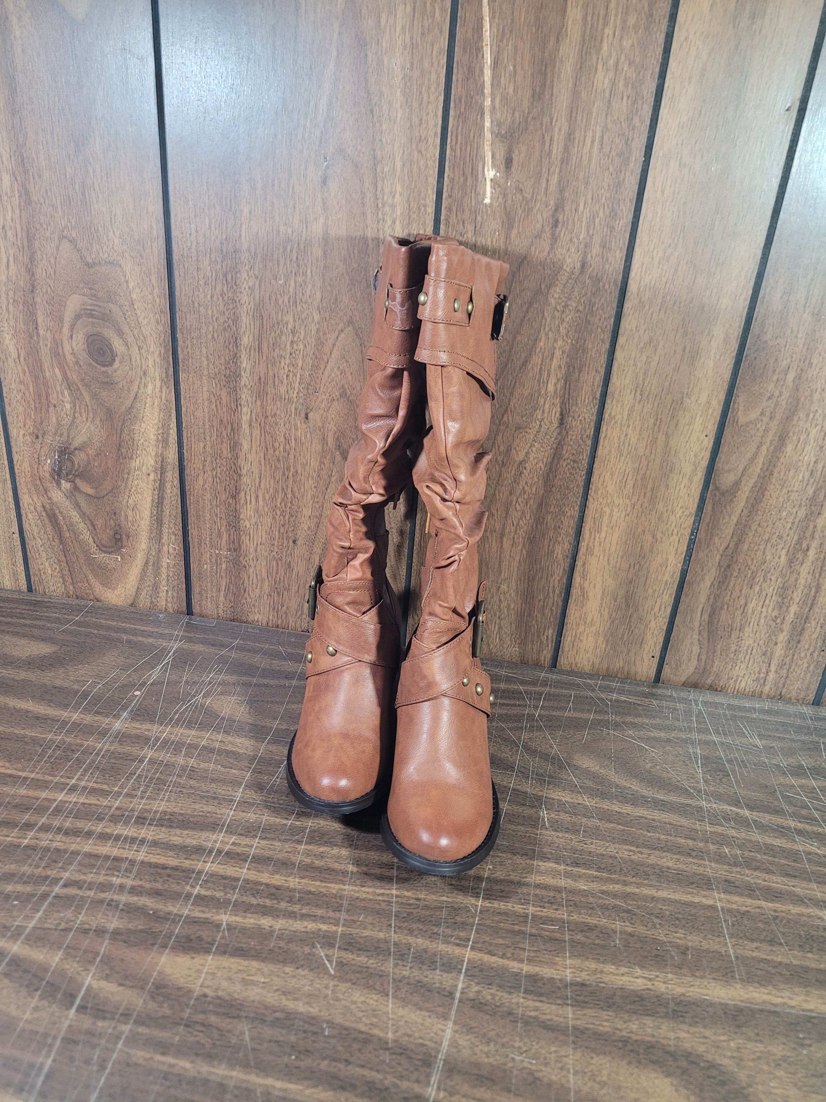 Brown Ruched Knee-High Boots with Buckle Detail - photo 2