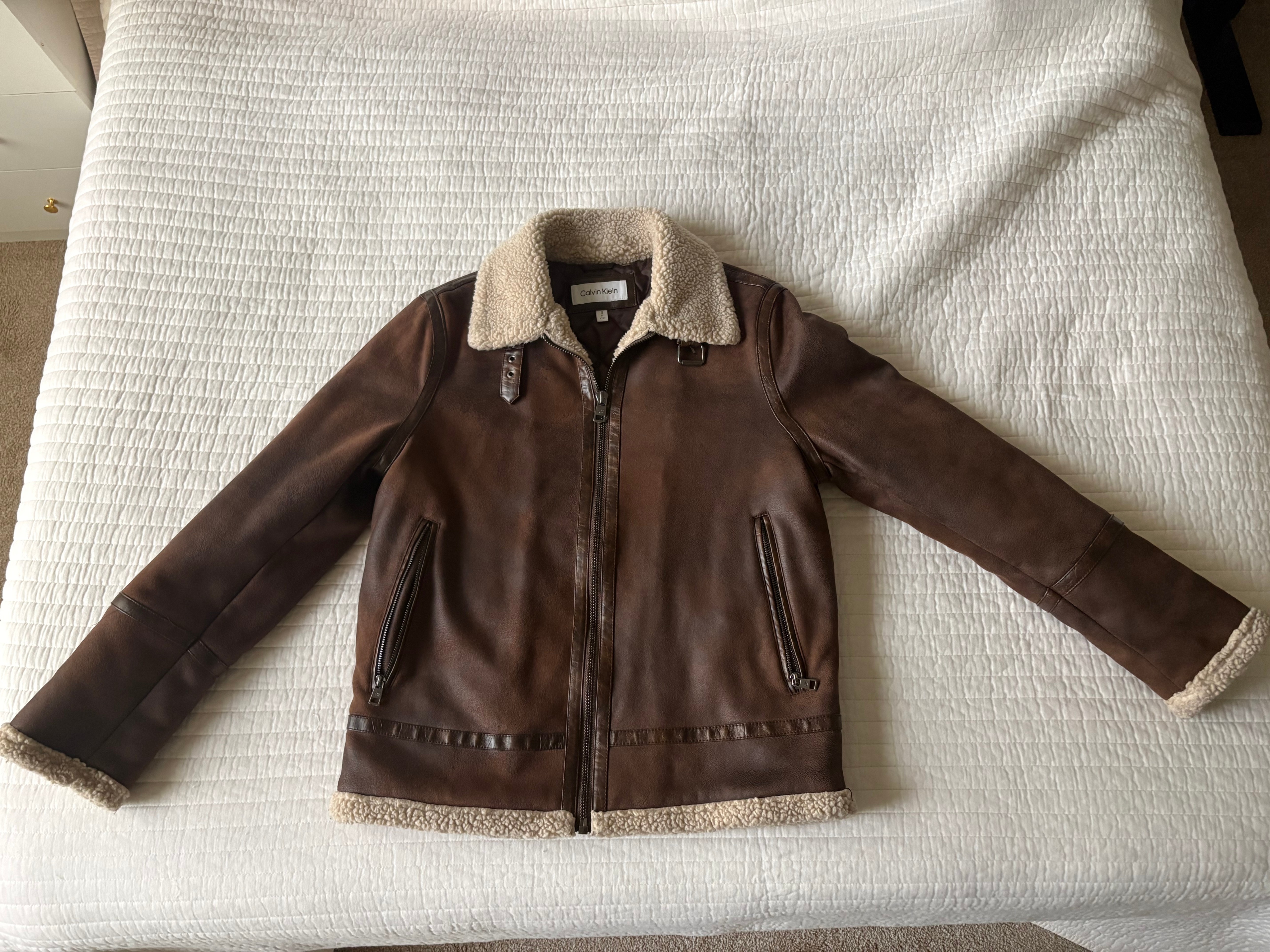 Men's  brown faux leather bomber jacket with shearling (S)