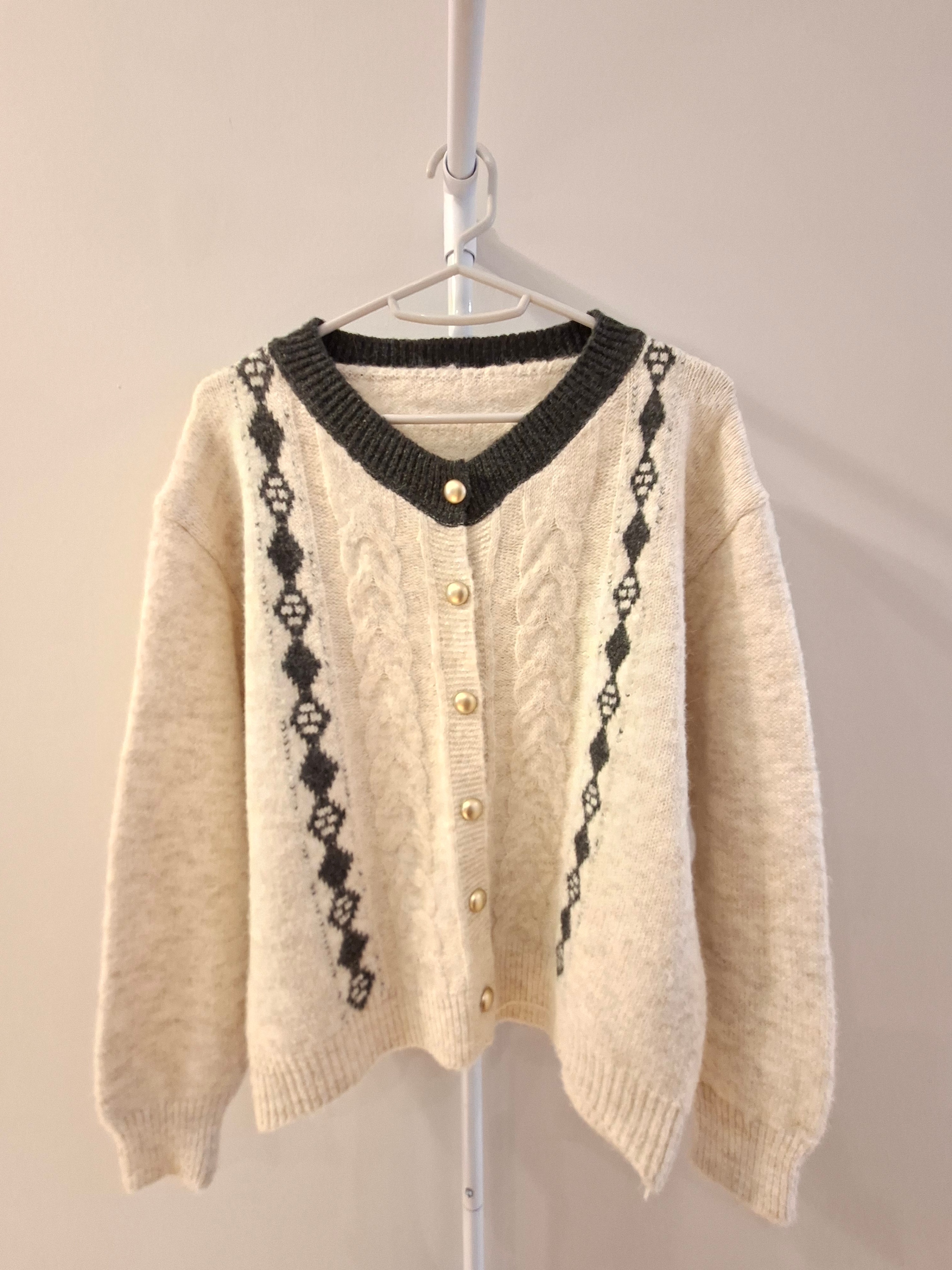 Cream Cable Knit Cardigan with Geometric Pattern
