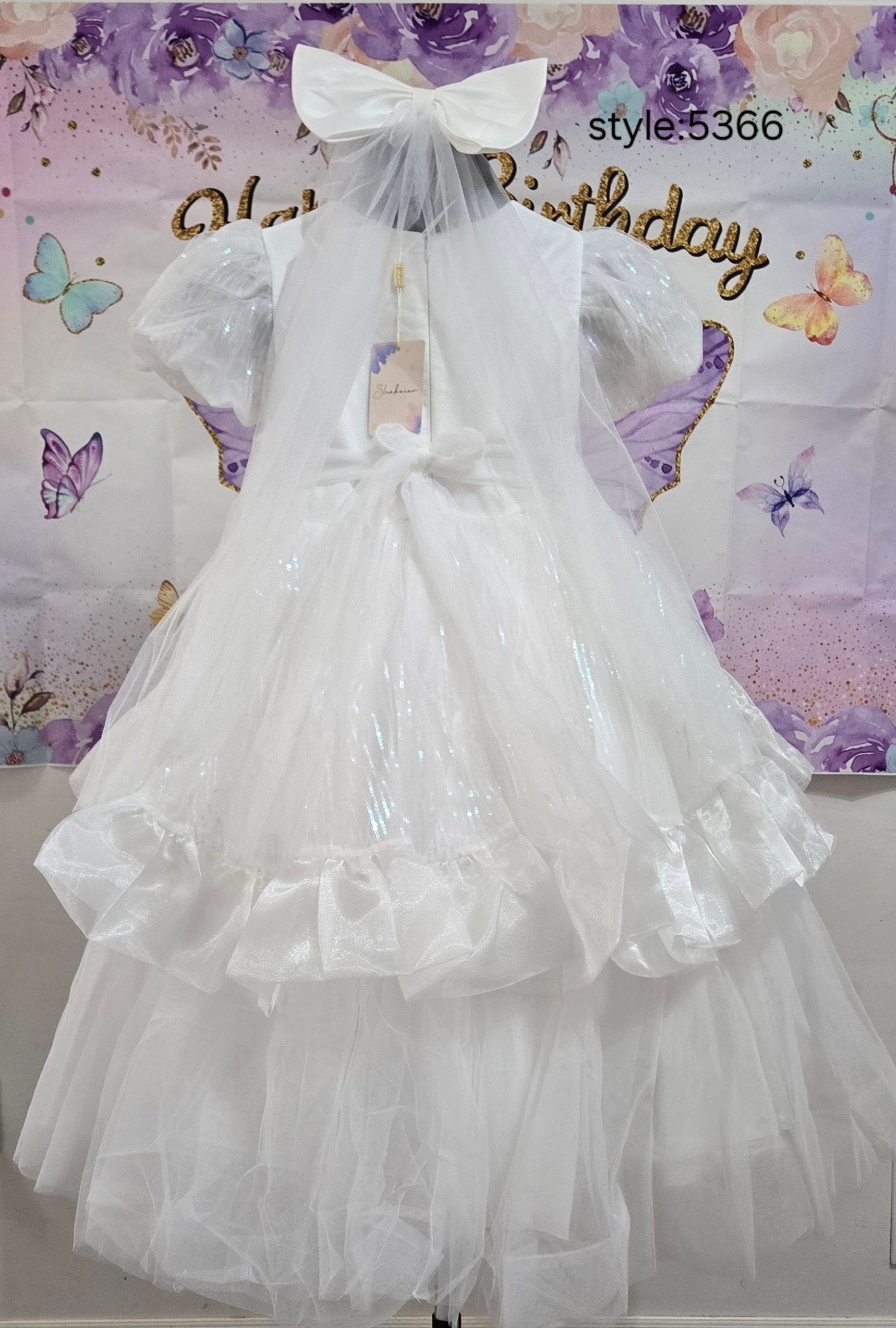 White Sequin Tulle Dress with Bow:5366 - photo 2
