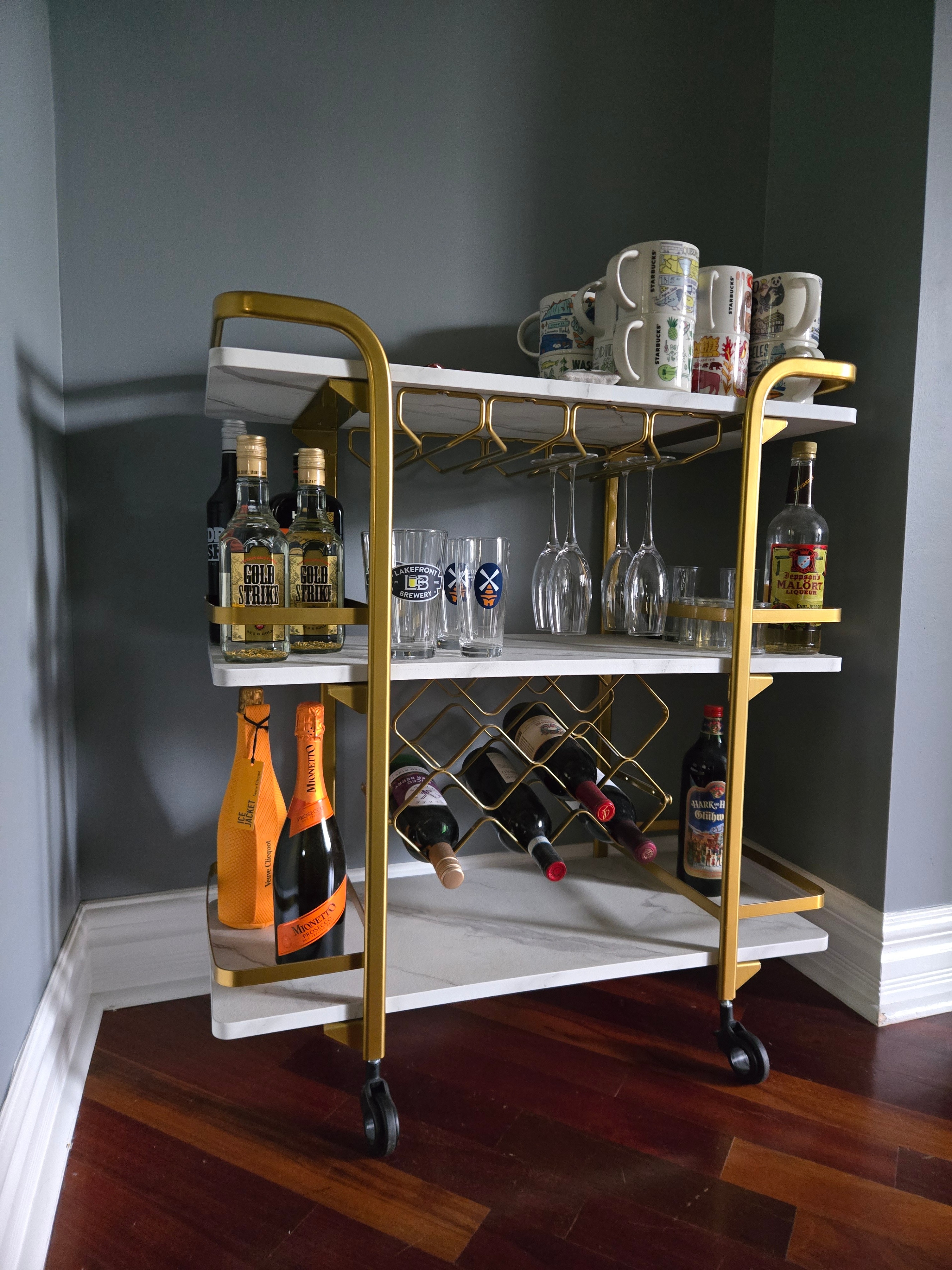 Gold 3-Tier Bar Cart, Marble Shelves, Wine Rack & Glass Holder