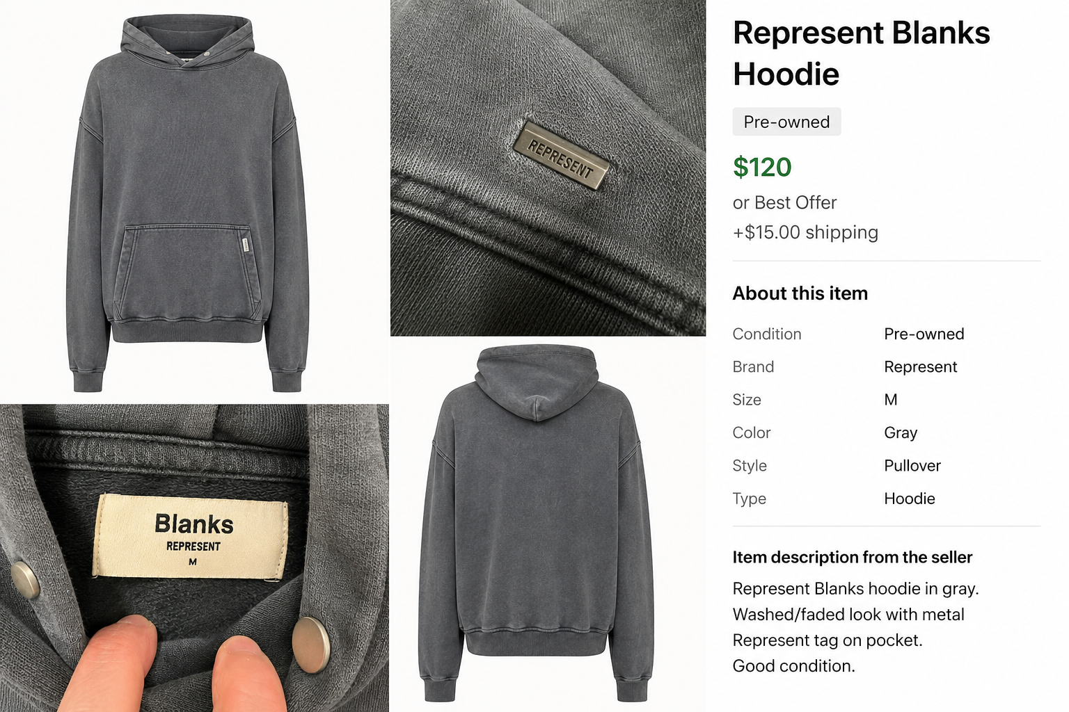 Represent Blanks Hoodie – Gray / Washed Black – Size M