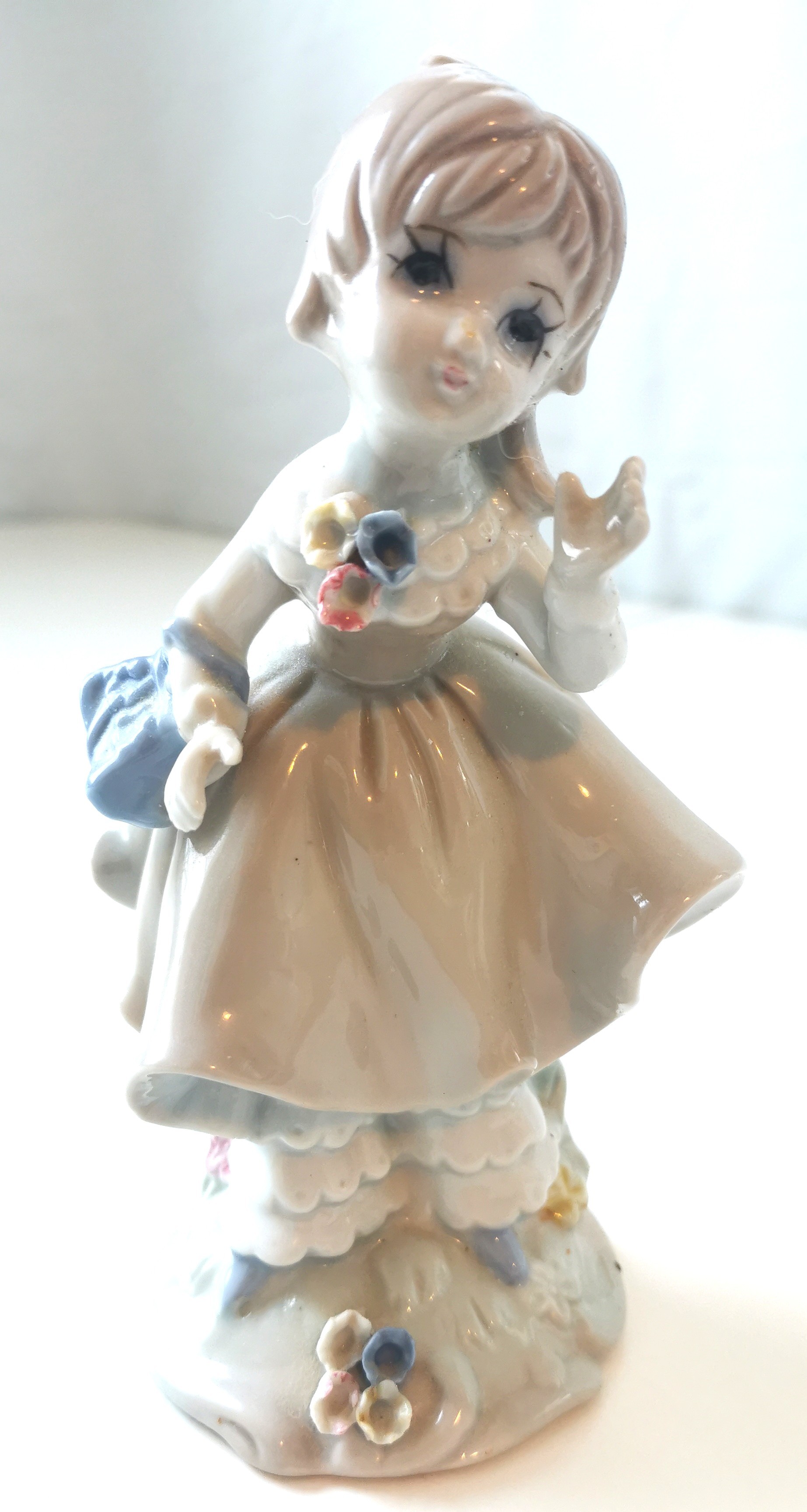 1970s Porcelain Girl Figurine with Ponytail & Ruffled Dress - 7" - photo 2