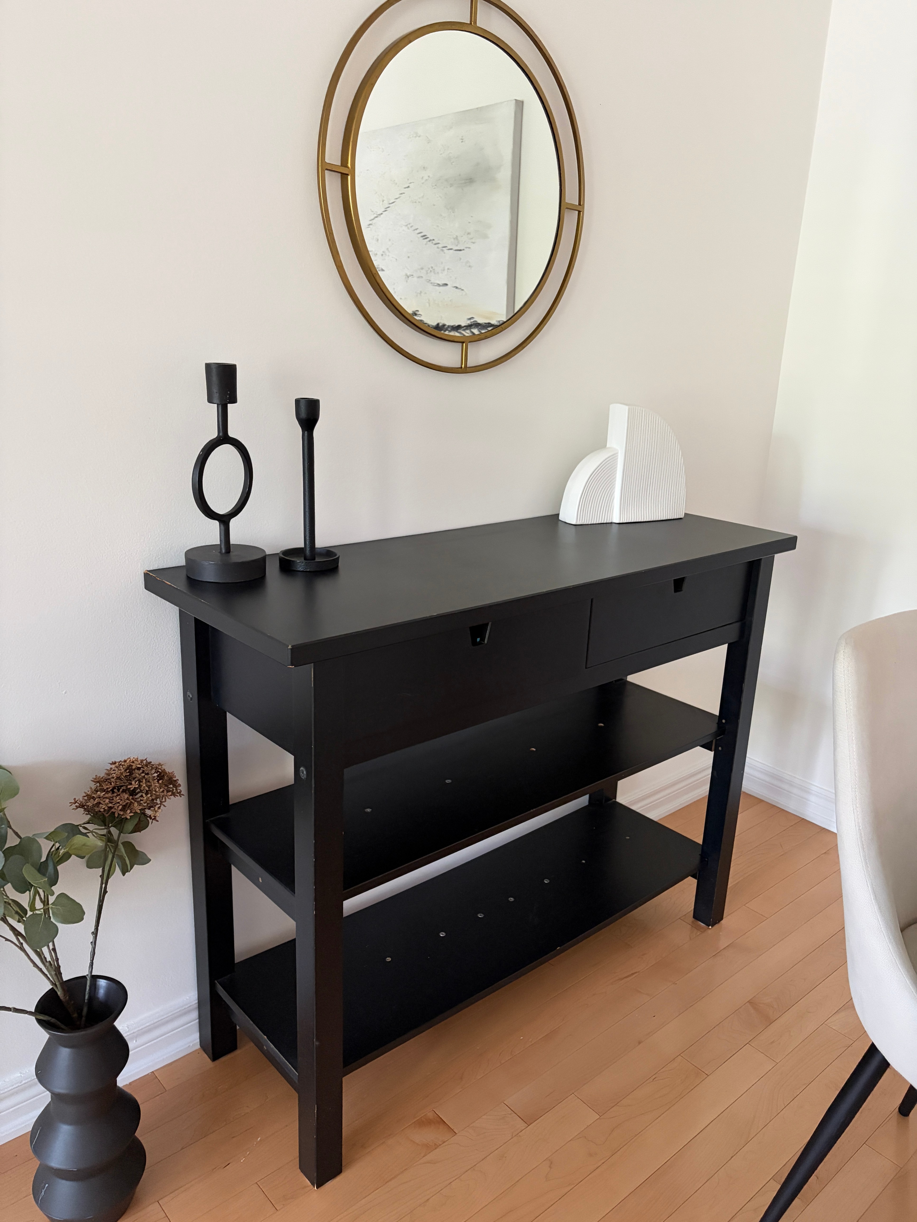 Solid Wood Black Console Table with Drawers and Shelves