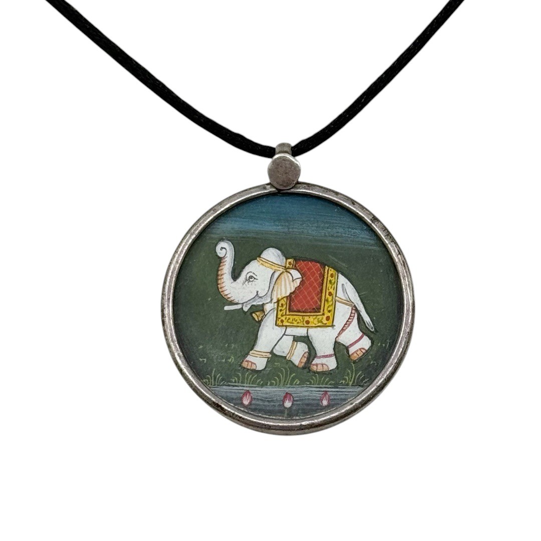 Vintage Indian sterling silver hand painting elephant pendant