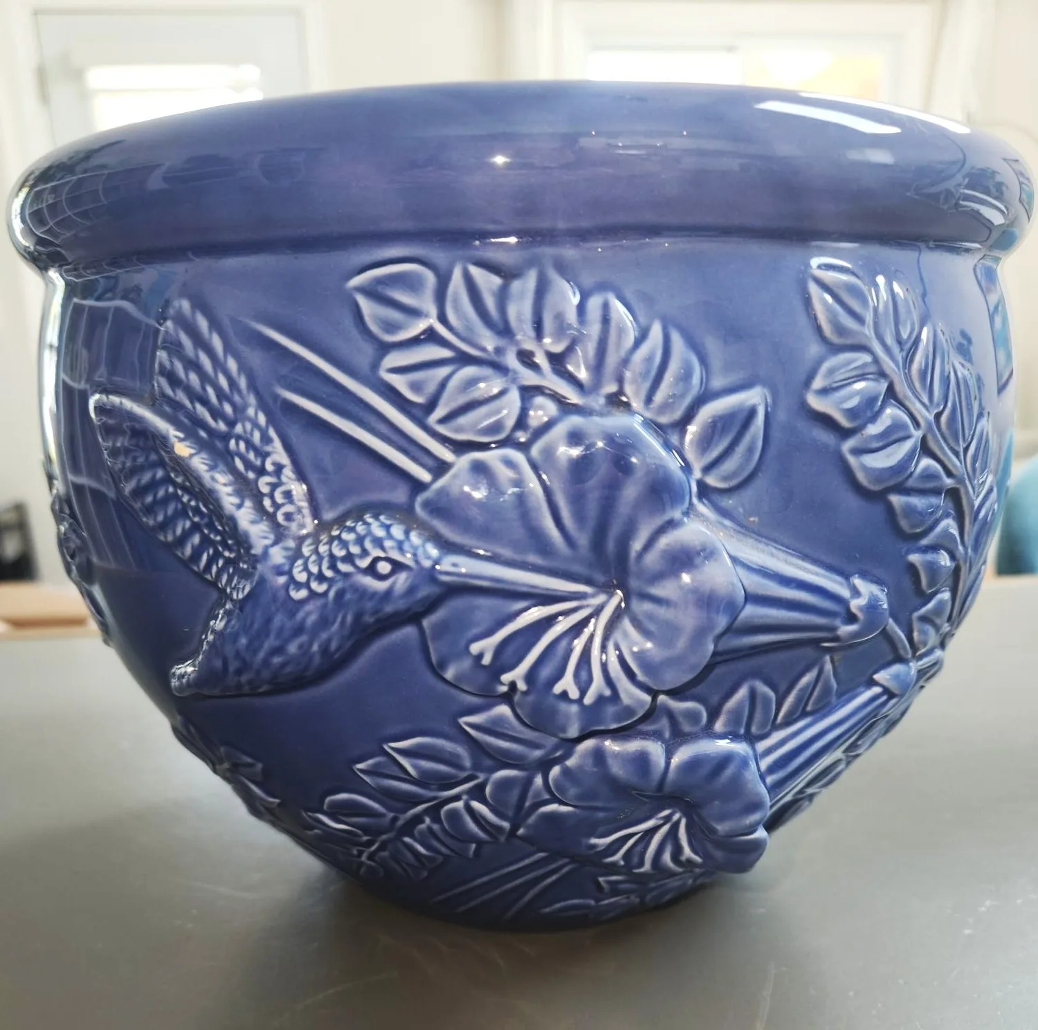 Blue Hummingbird & Florals Embossed Ceramic Pot / Planter