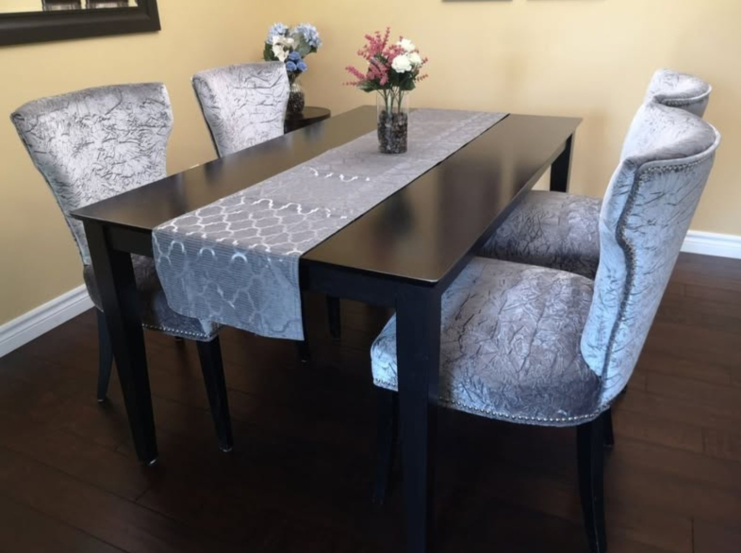 Luxurious Grey/Silver Velvet Dining/Accent Chairs used to stage