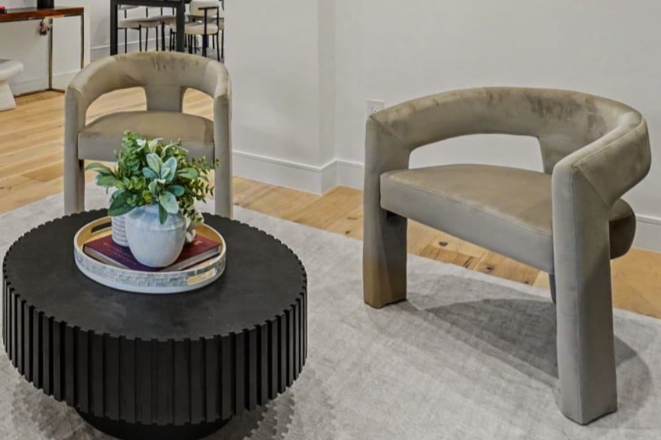 BRAND NEW Greige Velour Accent Chairs with Ottoman