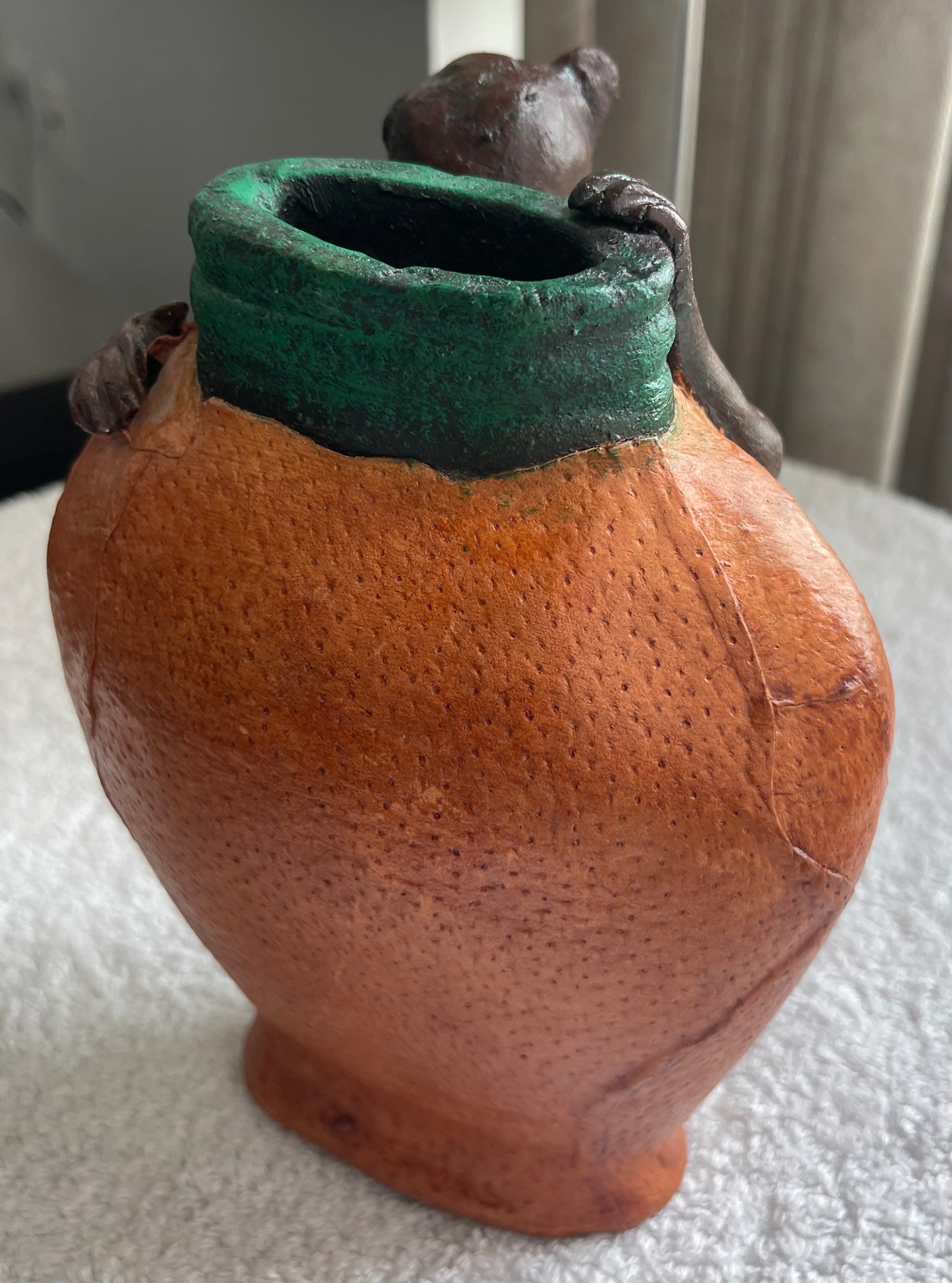 Vintage Leather-Wrapped Monkey & Fruit Coin Bank / Holder - photo 2