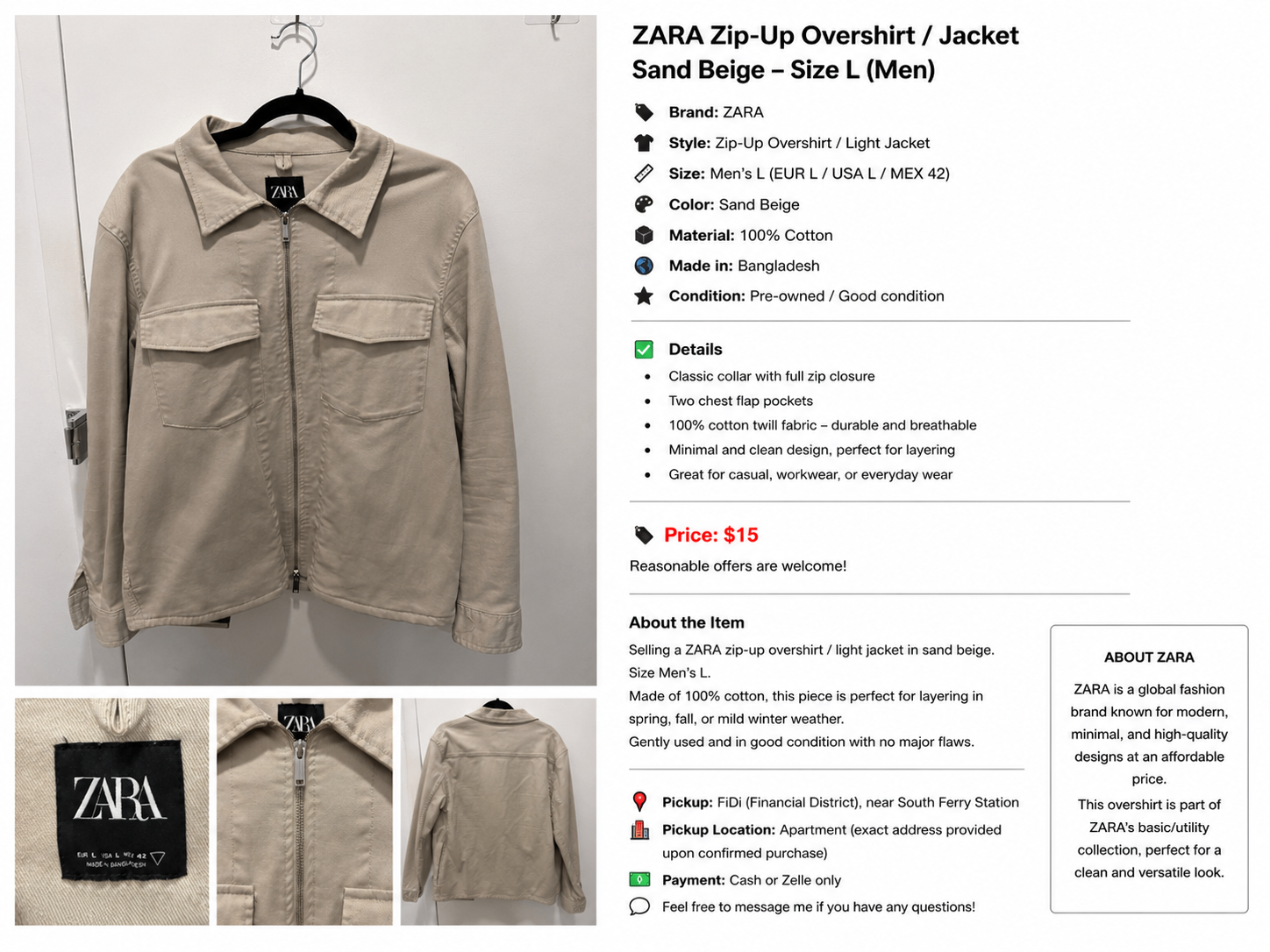 ZARA Zip-Up Overshirt / Light Jacket – Beige – Size L