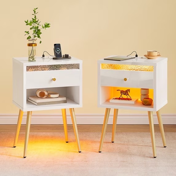 White Nightstand with LED Light and Charging Station