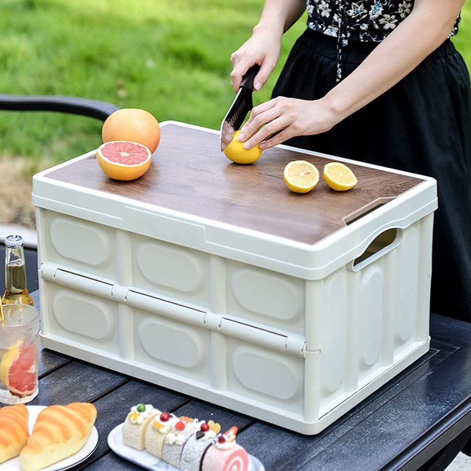 30L Outdoor Storage Box with Wood-look Lid