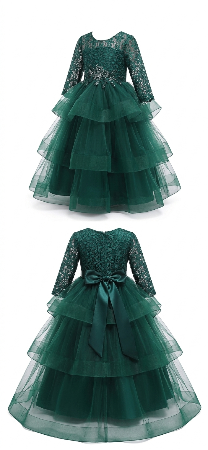Girls' Lace Tiered Tulle Dress - Emerald Green :1016
