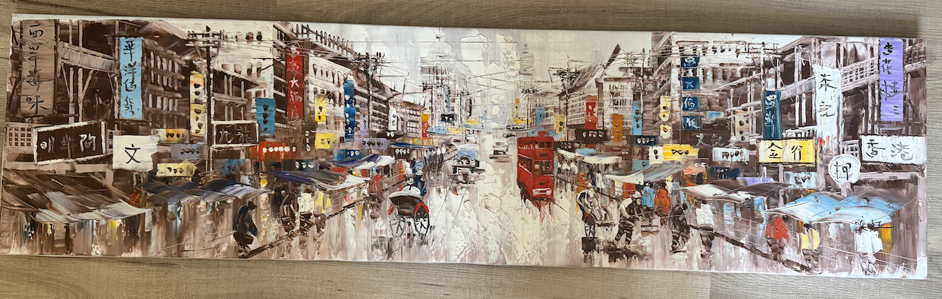 Original Hong Kong street scene painting, circa 1980s.