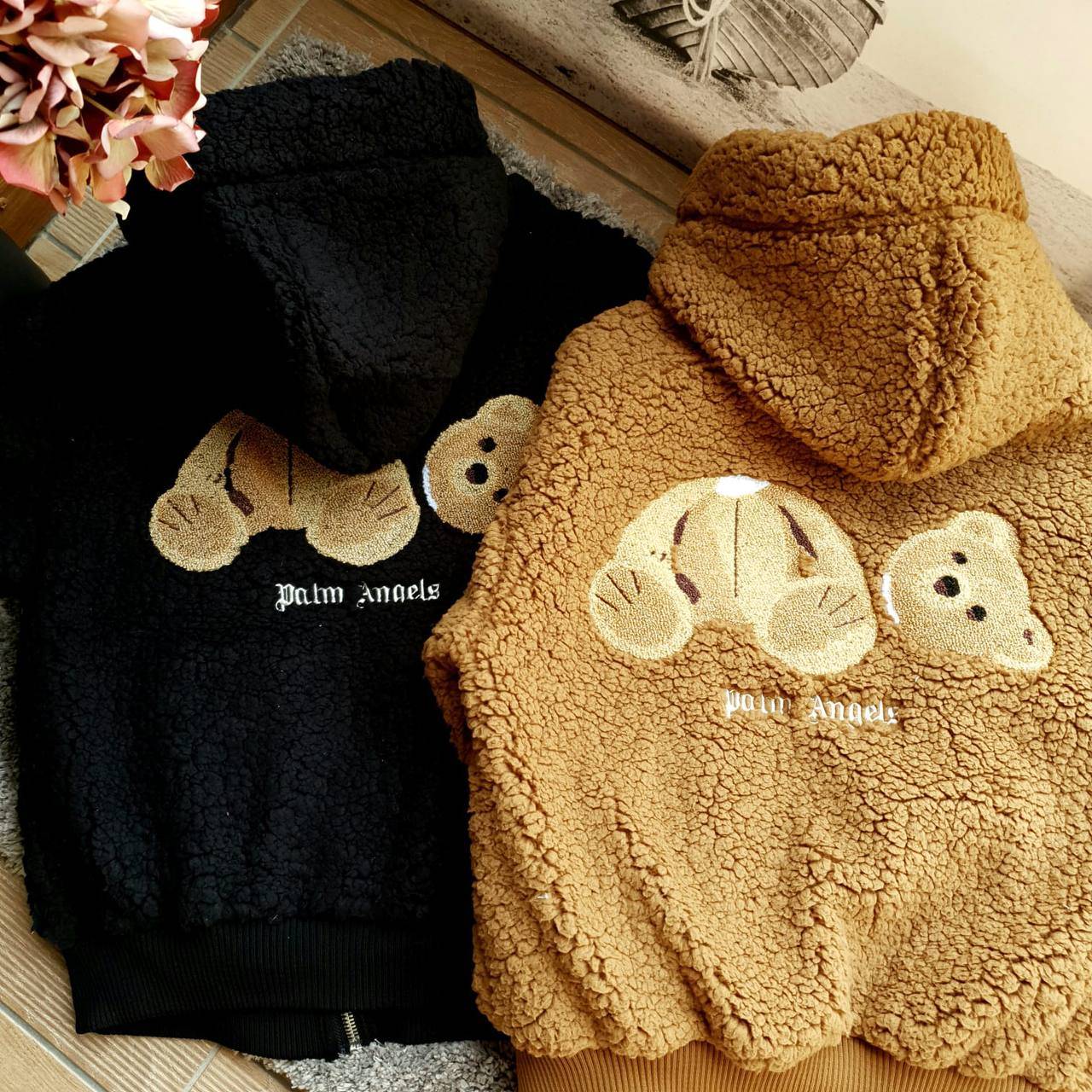 Palm Angels Black Bouclé Teddy Bear Zip Hoodie Size S - photo 2